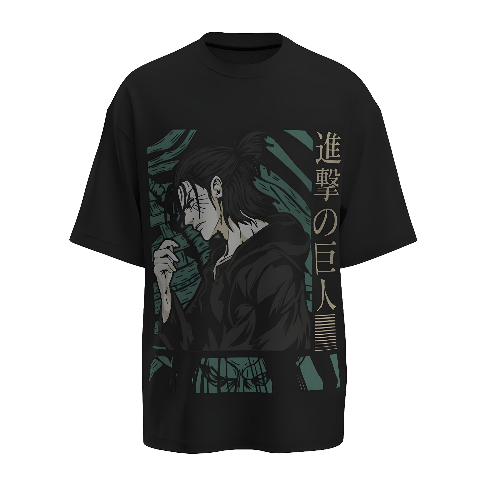 Front view of the premium oversized black t-shirt from Kashiba U with anime design inspired by the Eren Yeager from the anime called Attack On Titan printed at the back of the t-shirt. Shop trendy anime merch from the website of Kashiba U today. Buy Now!