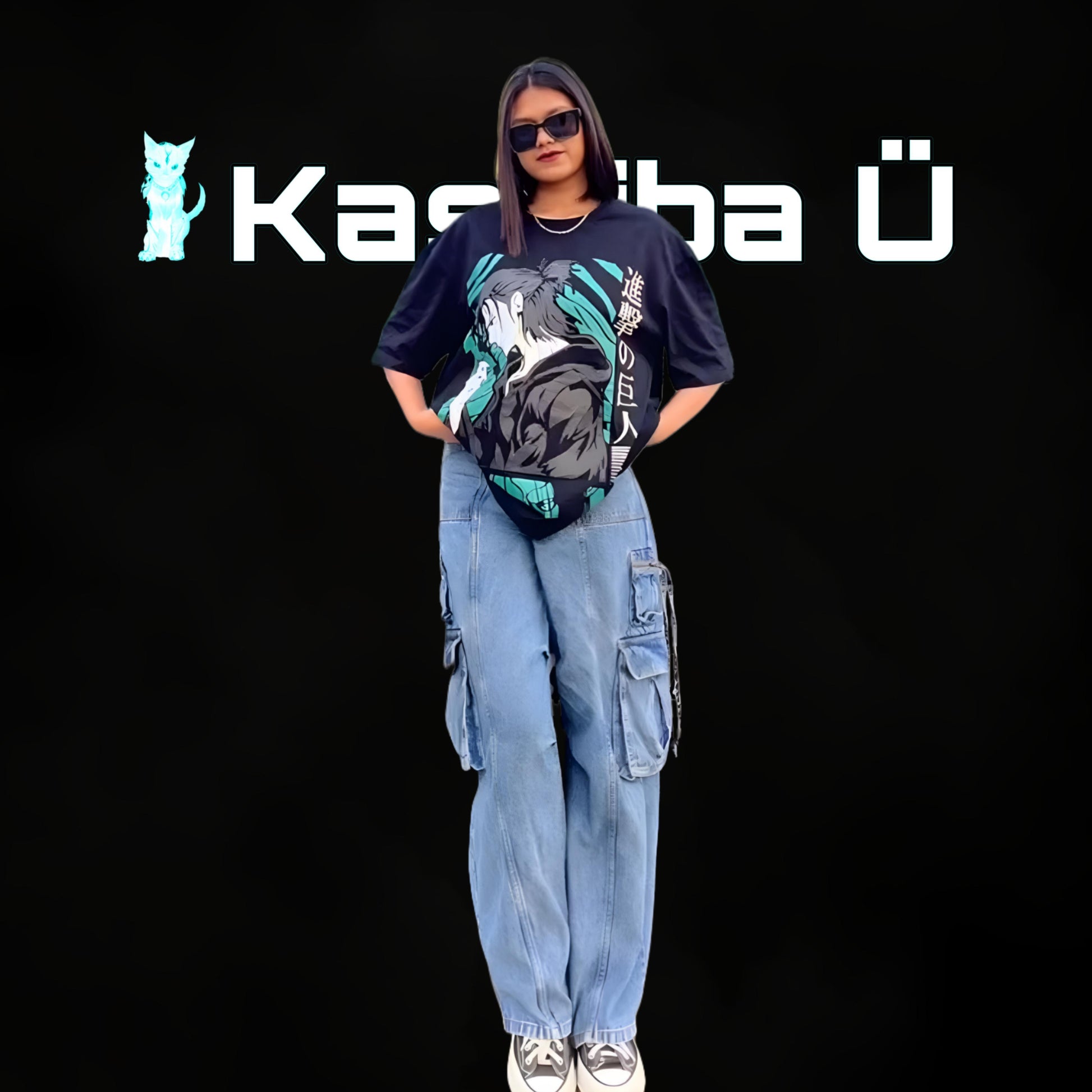 Front view of the model showcasing the premium oversized black t-shirt from Kashiba U with design inspired by Eren Yeager from the anime Attack On Titan. Shop trendy anime merch from Kashiba U today. Buy Now!