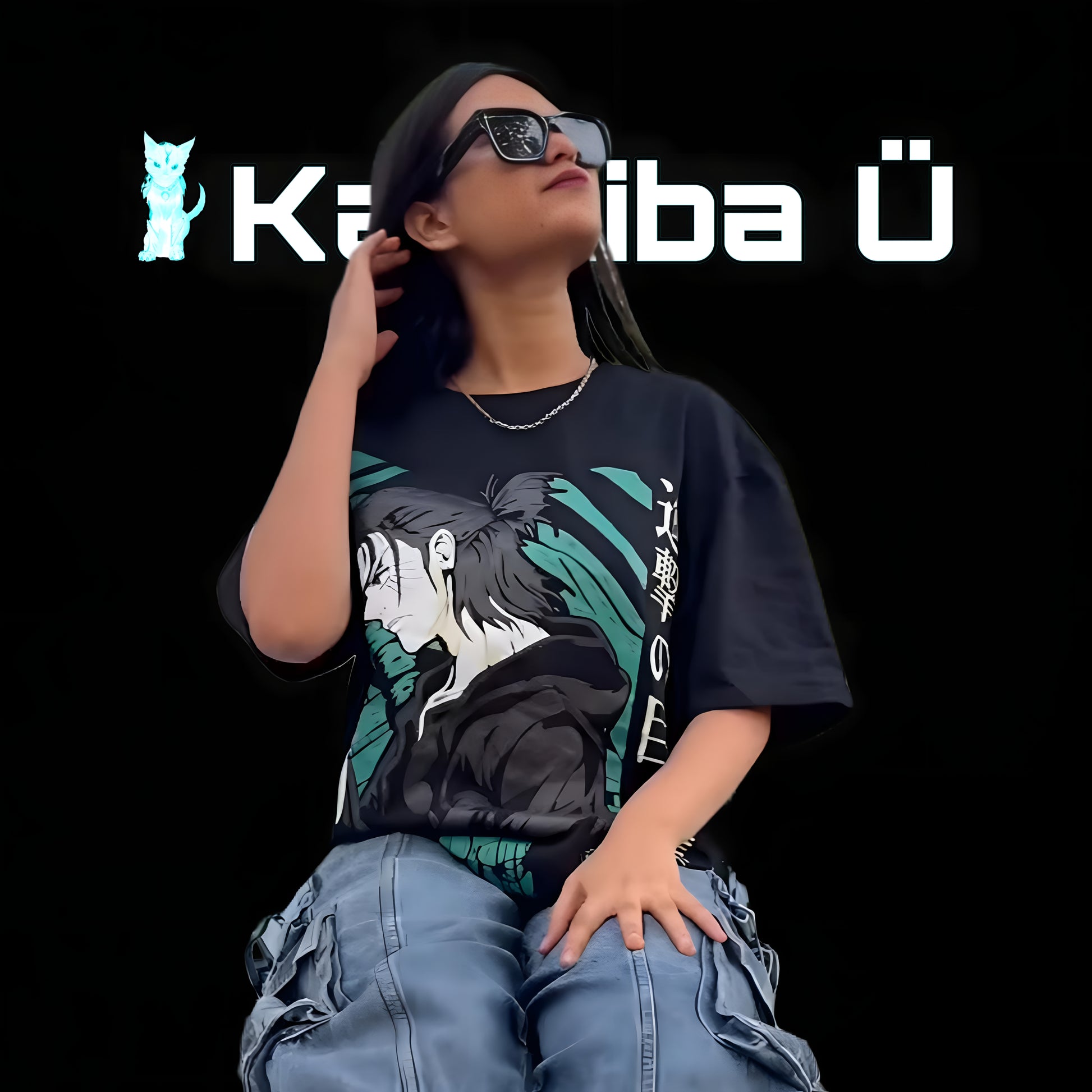 Front view of the model showcasing the premium oversized black t-shirt from Kashiba U with design inspired by Eren Yeager from the anime Attack On Titan. Shop trendy anime merch from Kashiba U today. Buy Now!