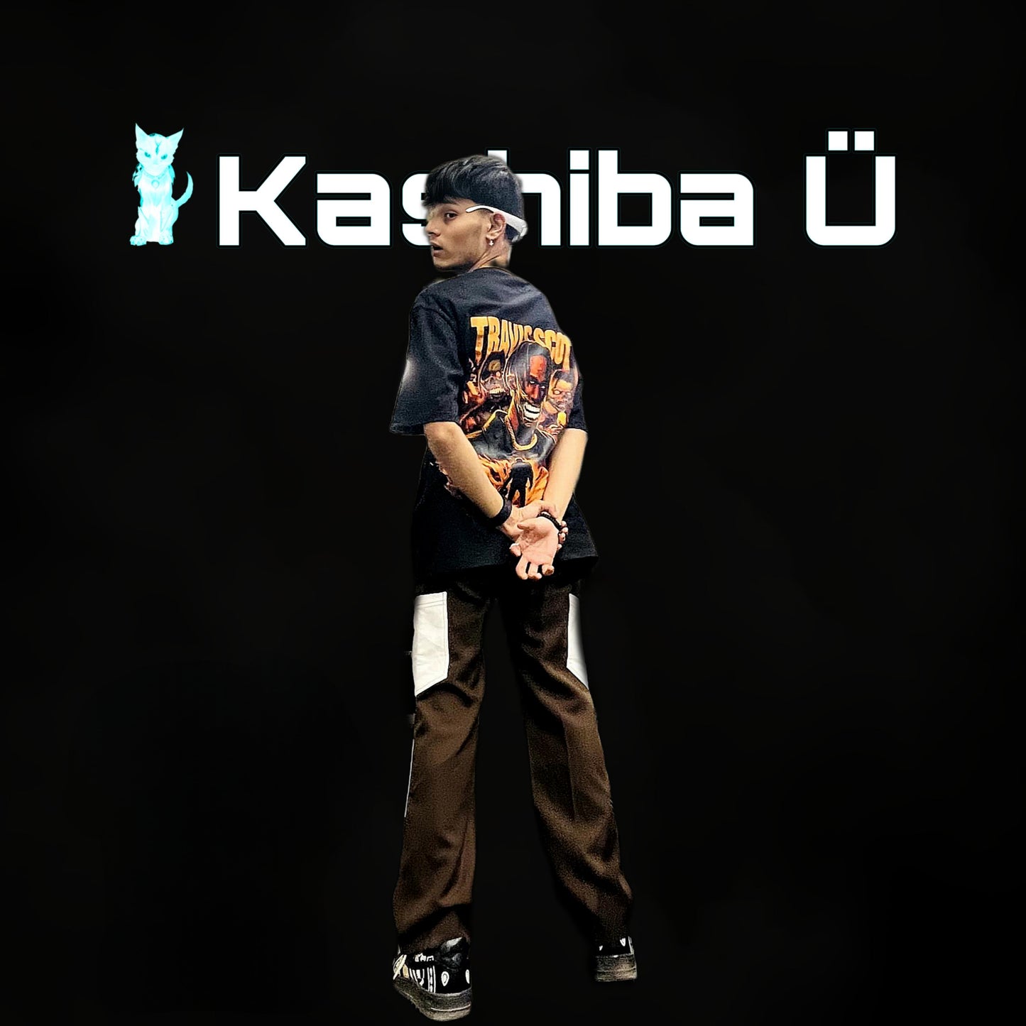 Back view of the model showcasing the premium oversized black t-shirt from Kashiba U with design inspired by Travis Scott. Shop trendy premium t-shirt from Kashiba U online. Buy Now!