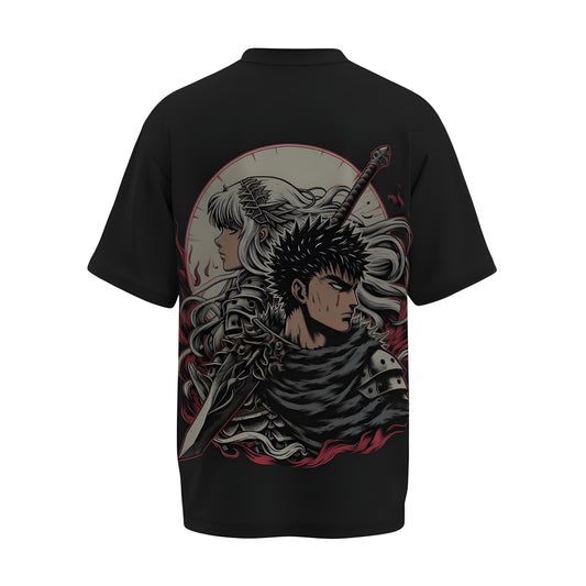 Back view of the premium oversized black t-shirt from Kashiba U with anime design inspired by the Guts and Griffith from the anime called Berserk printed at the back of the t-shirt. Shop trendy anime merch from the website of Kashiba U today. Buy Now!