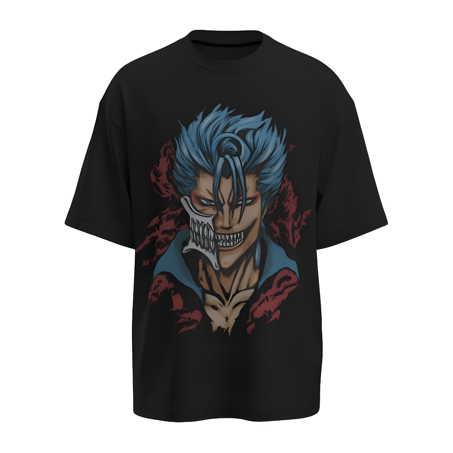Front view of the premium oversized black t-shirt from Kashiba U with anime design inspired by the Grimjow from the anime called Bleach printed at the front of the t-shirt. Shop trendy anime merch from the website of Kashiba U online. Buy Now!