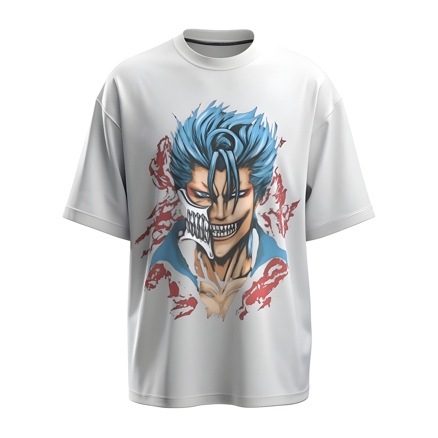 Front view of the premium oversized white t-shirt from Kashiba U with anime design inspired by the Grimjow from the anime called Bleach printed at the front of the t-shirt. Shop trendy anime merch from the website of Kashiba U online. Buy Now!