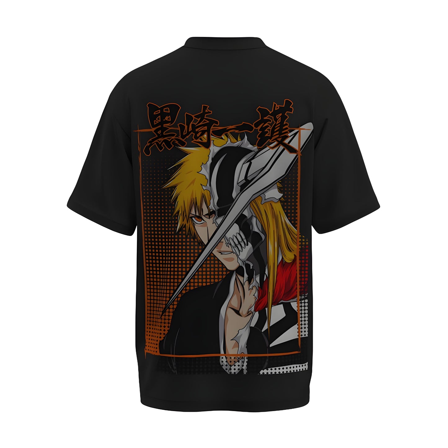 Back view of the premium oversized black t-shirt from Kashiba U with anime design inspired by the Ichigo in Hollow Form from the anime Bleach printed at the back of the t-shirt. Shop trendy anime merch from the website of Kashiba U online. Buy Now!