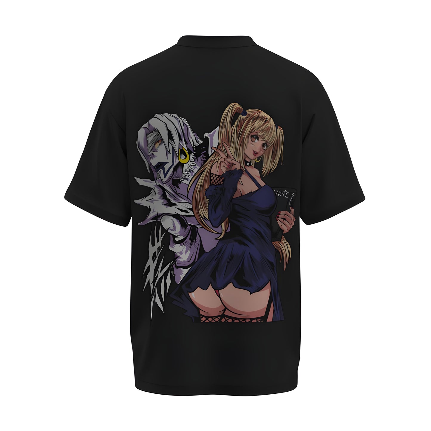 Back view of the premium oversized black t-shirt from Kashiba U with anime design inspired by the Misa Amane from the anime called Death Note printed at the back of the t-shirt. Shop trendy anime merch from the website of Kashiba U online. Buy Now!