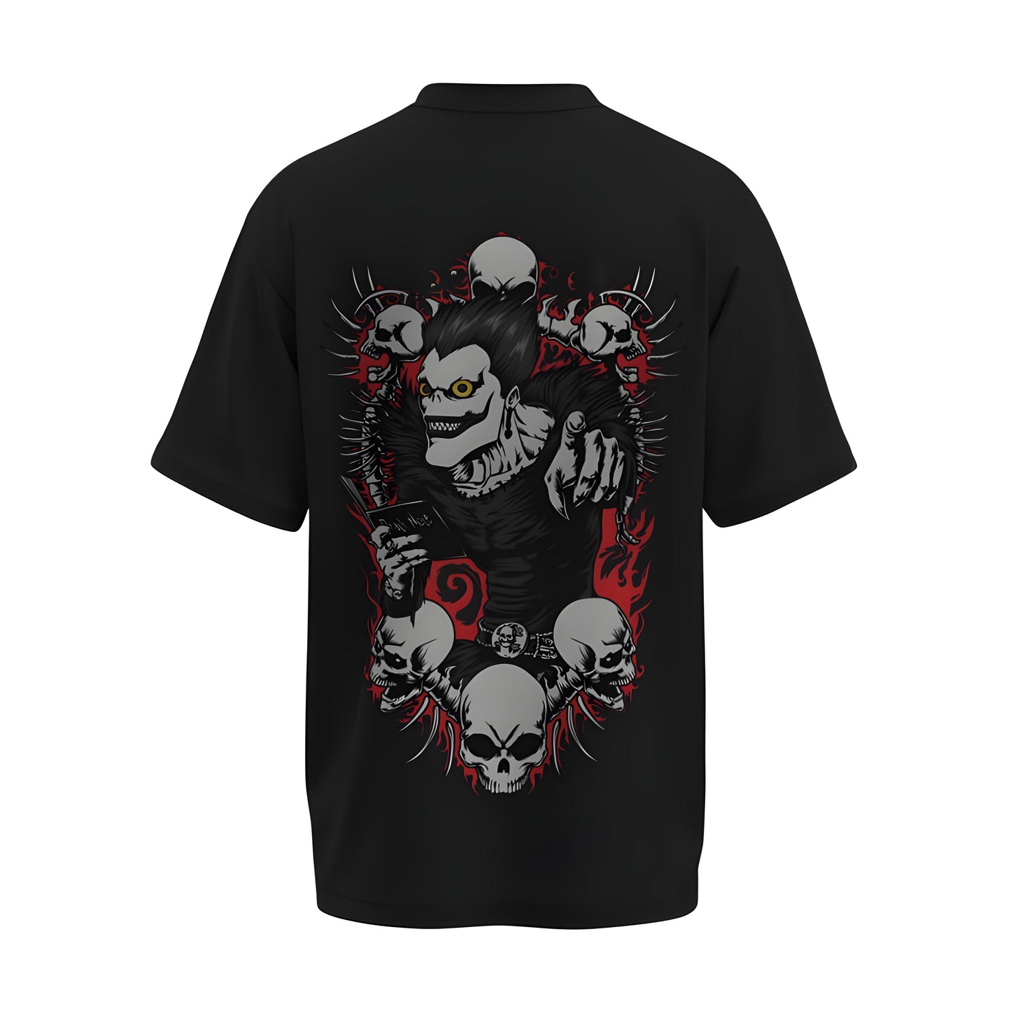 Back view of the premium oversized black t-shirt from Kashiba U with anime design inspired by the Light's Shinigami from the anime called Death Note printed at the back of the t-shirt. Shop trendy anime merch from the website of Kashiba U online. Buy Now!