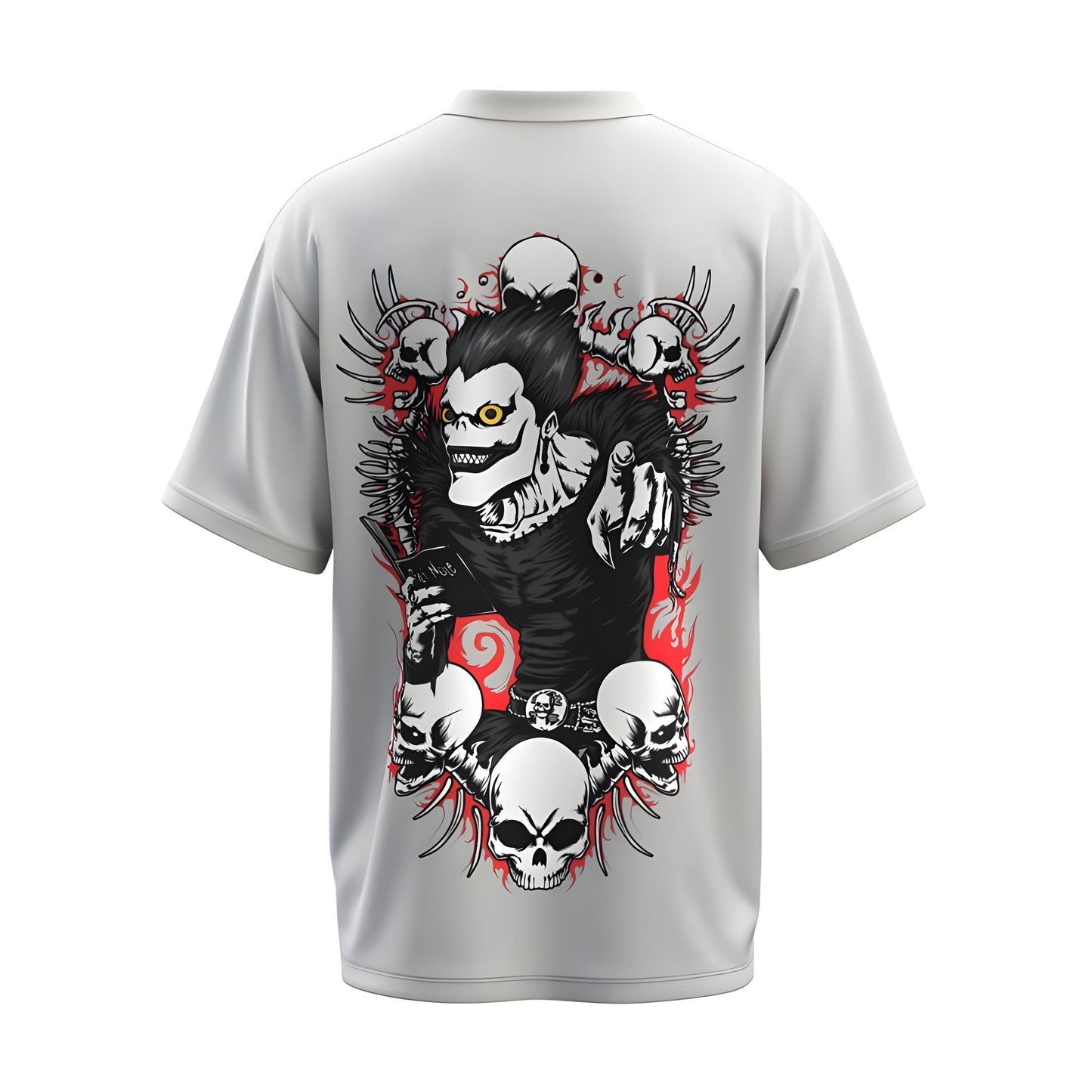 Back view of the premium oversized white t-shirt from Kashiba U with anime design inspired by the Light's Shinigami from the anime called Death Note printed at the back of the t-shirt. Shop trendy anime merch from the website of Kashiba U online. Buy Now!