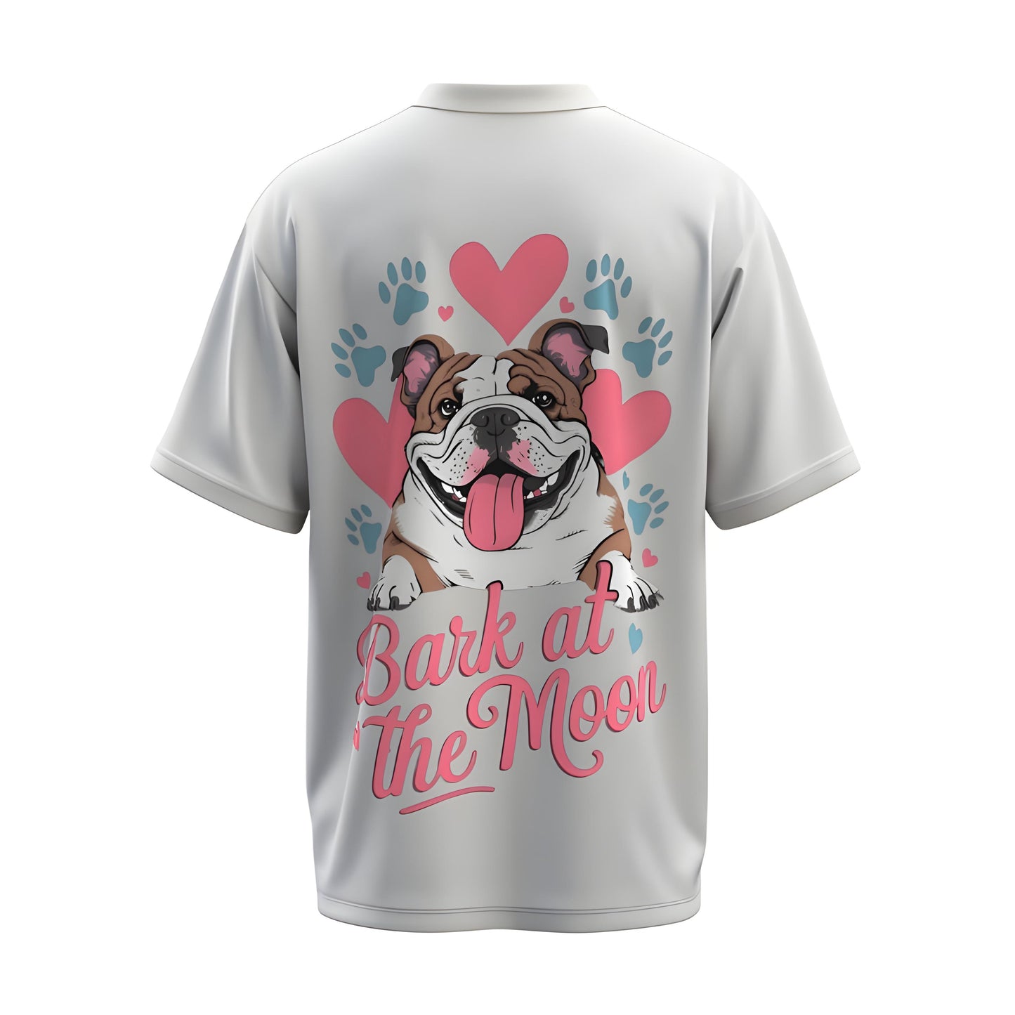 Back view of the premium oversized white t-shirt from Kashiba U with pet design inspired by dogs printed at the back of the t-shirt. Shop trendy dog parent merch from the website of Kashiba U online. Buy Now!