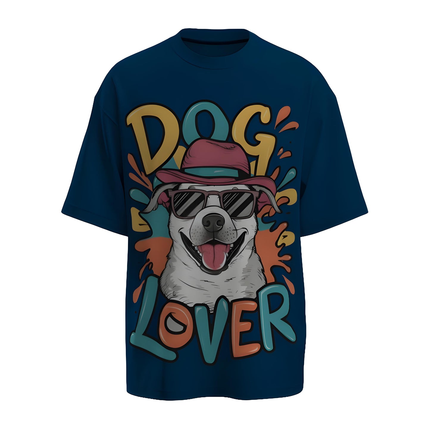 Front view of the premium oversized navy blue t-shirt from Kashiba U with pet design inspired by dogs printed at the front of the t-shirt. Shop trendy dog parent merch from the website of Kashiba U online. Buy Now!