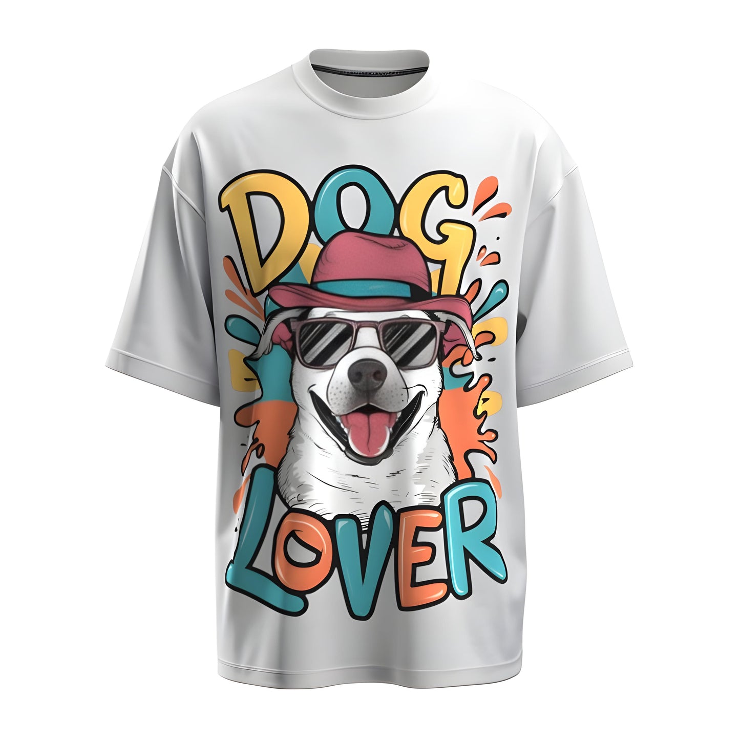 Front view of the premium oversized white t-shirt from Kashiba U with pet design inspired by dogs printed at the front of the t-shirt. Shop trendy dog parent merch from the website of Kashiba U online. Buy Now!