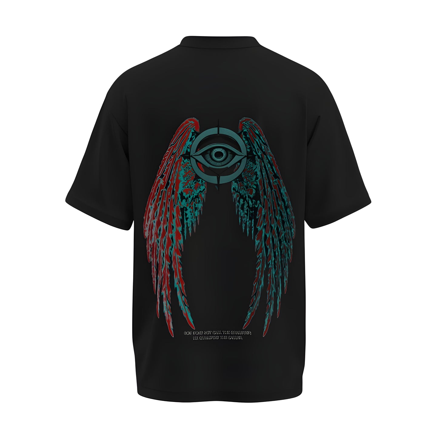 Back view of the premium oversized black t-shirt from Kashiba U with design inspired by the Faith printed at the back of the t-shirt with spiritual design. Shop trendy clothing from the website of Kashiba U online. Buy Now!