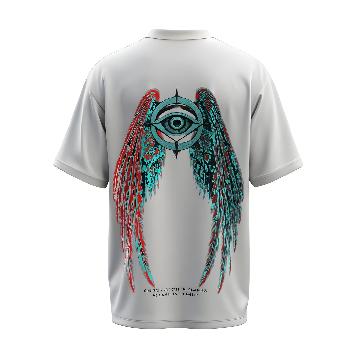 Back view of the premium oversized white t-shirt from Kashiba U with design inspired by the Faith printed at the back of the t-shirt with spiritual design. Shop trendy clothing from the website of Kashiba U online. Buy Now!