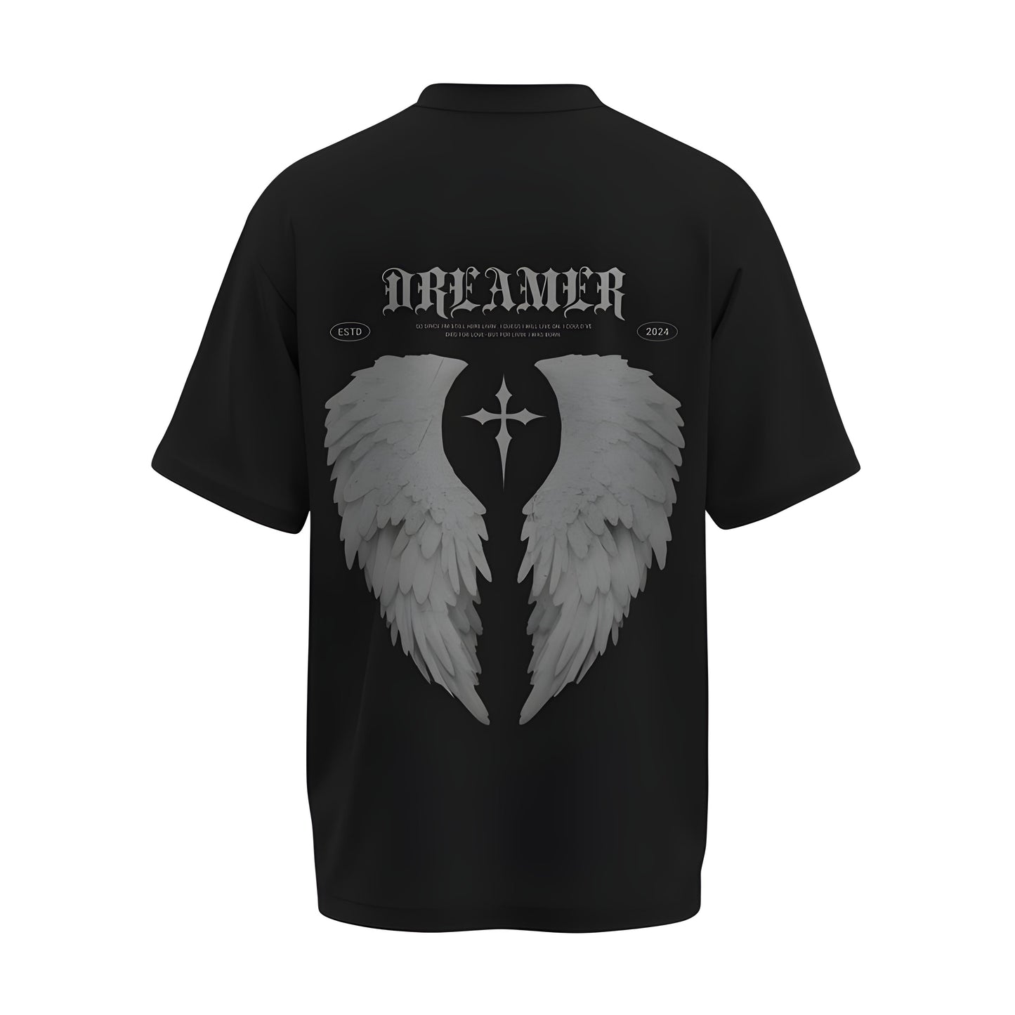 Back view of the premium oversized black t-shirt from Kashiba U with design inspired by the Faith printed at the back of the t-shirt with spiritual design. Shop trendy clothing from the website of Kashiba U online. Buy Now!