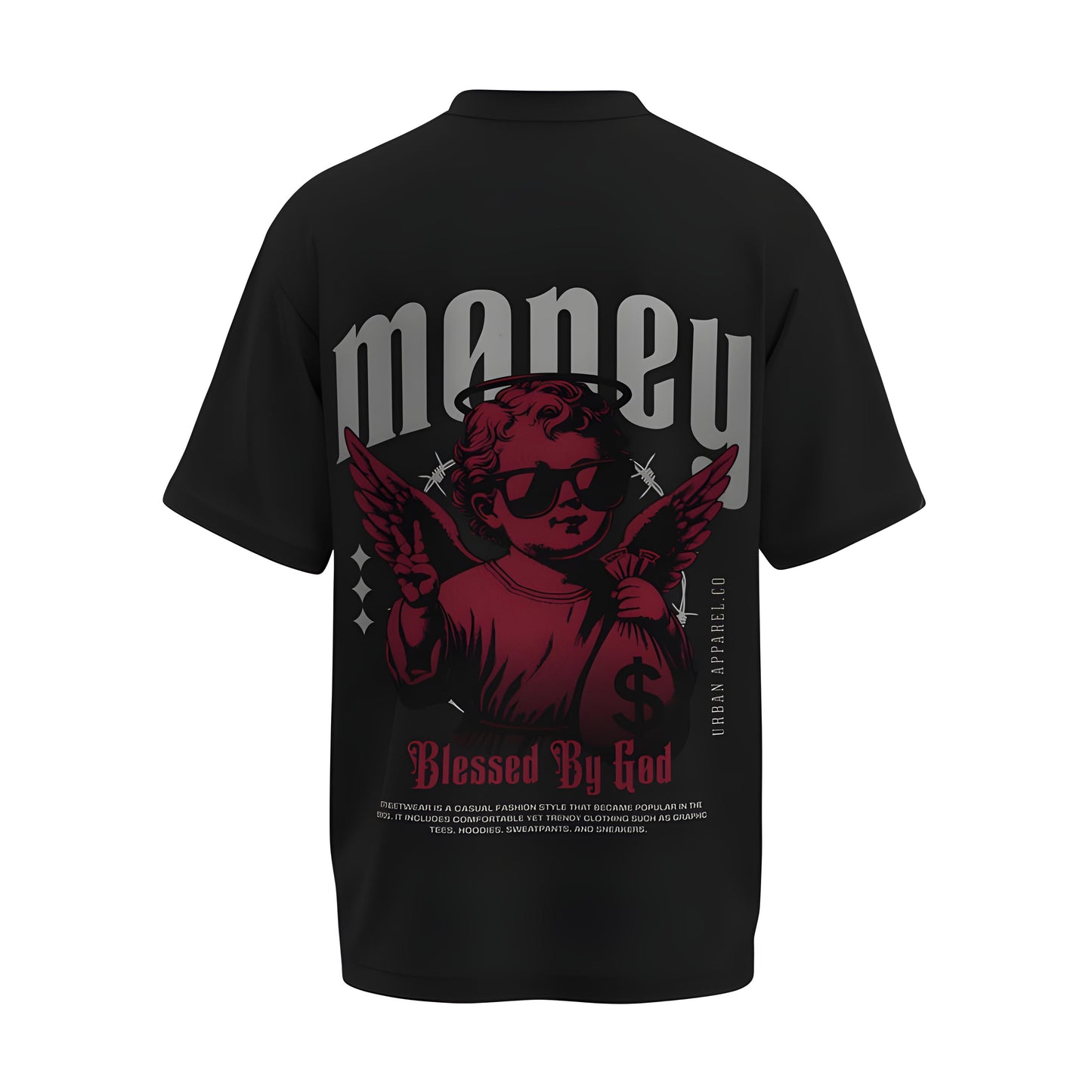Back view of the premium oversized black t-shirt from Kashiba U with design inspired by the Faith printed at the back of the t-shirt with spiritual design. Shop trendy clothing from the website of Kashiba U online. Buy Now!
Tag- Money T-shirt