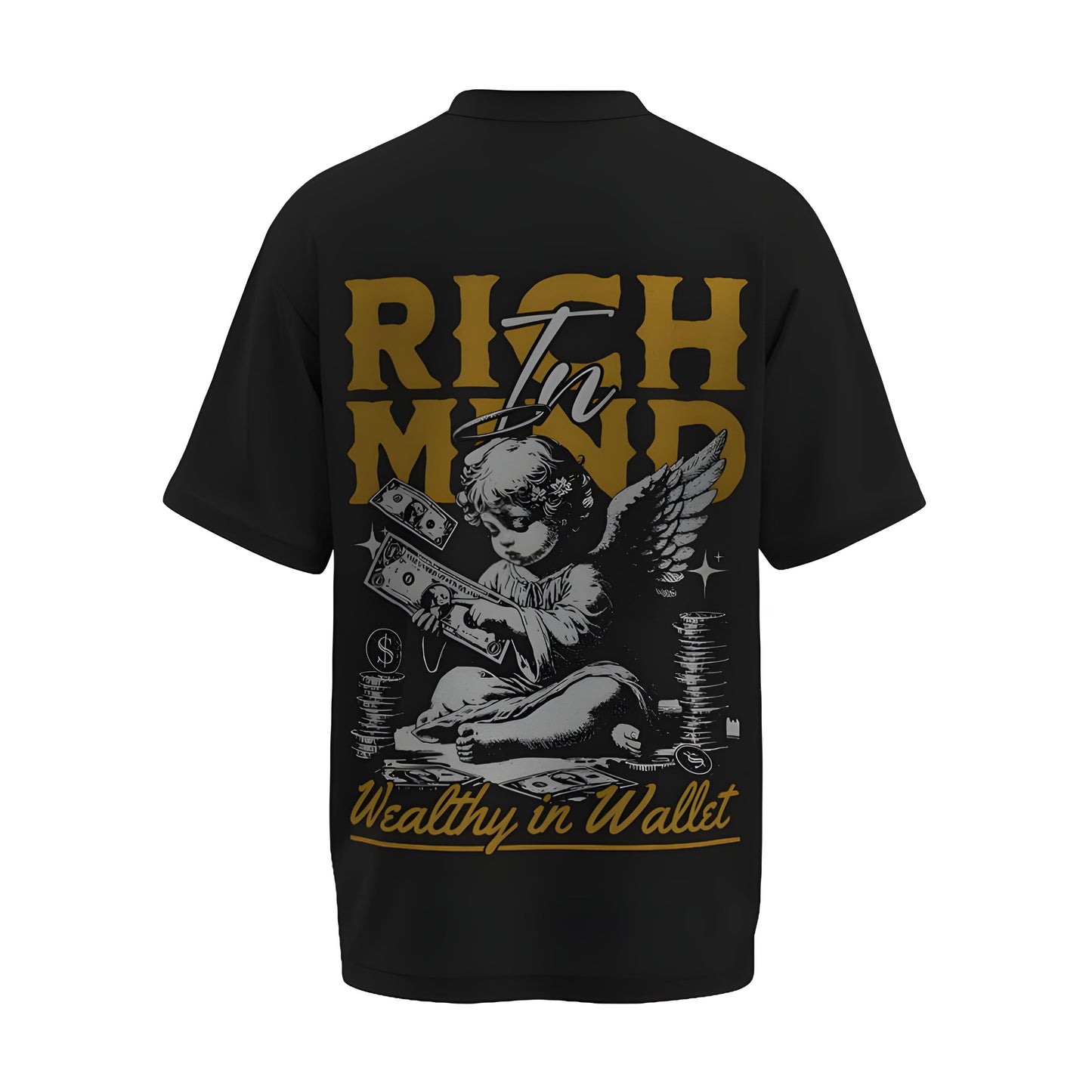 Back view of the premium oversized black t-shirt titled “Rich In Mind” from Kashiba U with cool graphic design inspired by street art printed at the back of the t-shirt. Shop trendy streetwear graphic tee from the website of Kashiba U online. Buy Now!
