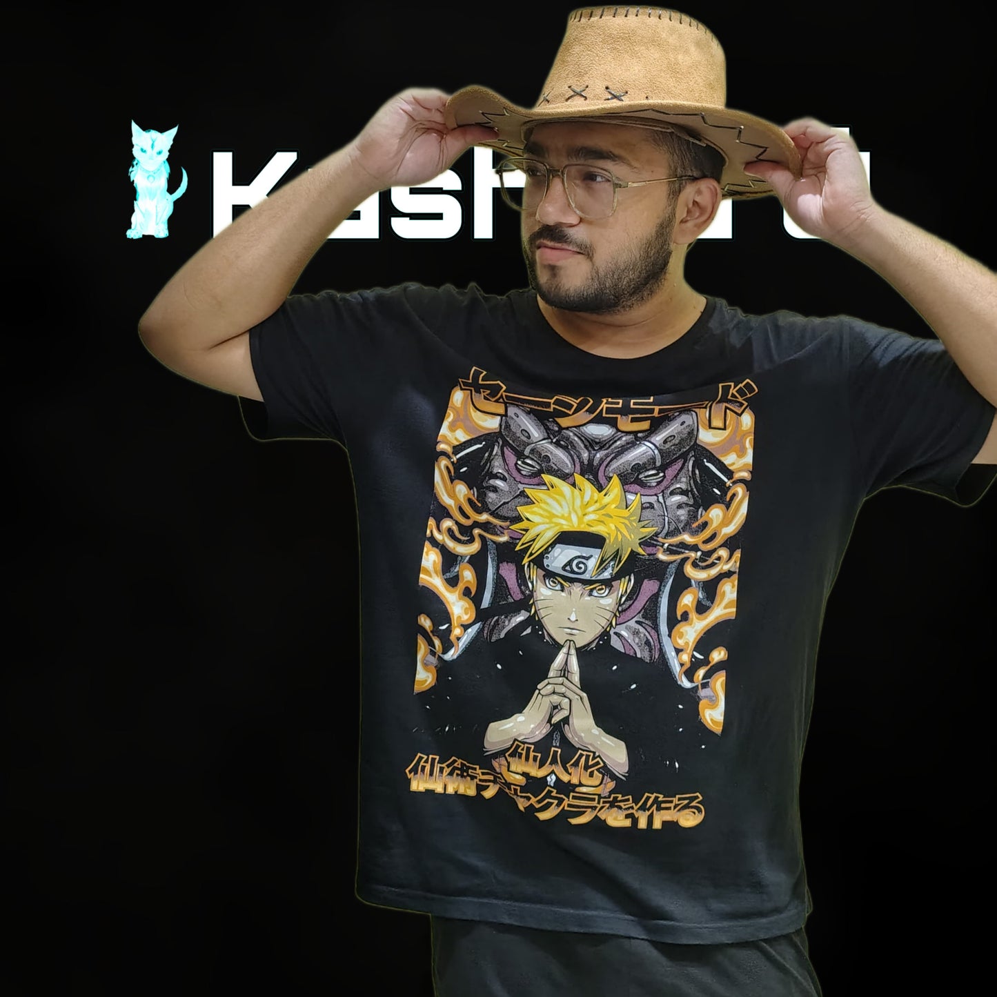 Front view of the model showcasing the premium oversized black t-shirt from Kashiba U with design inspired by Naruto in Sage Mode from the anime Naruto Shippuden. Shop trendy premium t-shirt from Kashiba U online. Buy Now!