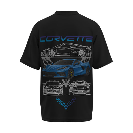 Back view of the premium oversized black t-shirt from Kashiba U with car design inspired by Corvette printed at the back of the t-shirt. Shop trendy car t-shirt from the website of Kashiba U online. Buy Now!