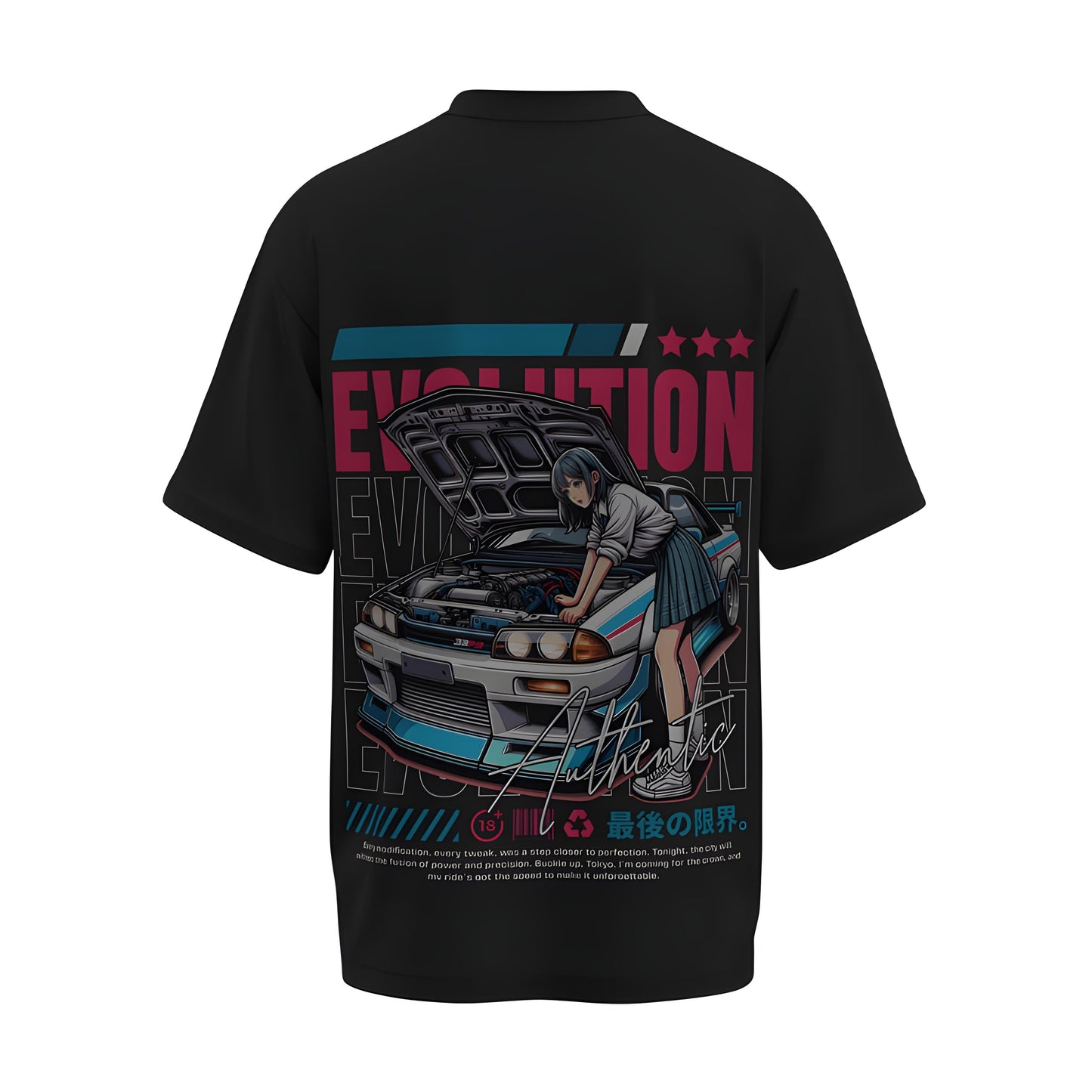Back view of the premium oversized black t-shirt from Kashiba U with car design inspired by Nissan GTR and an Anime Girl printed at the back of the t-shirt. Shop trendy car t-shirt from the website of Kashiba U online. Buy Now!