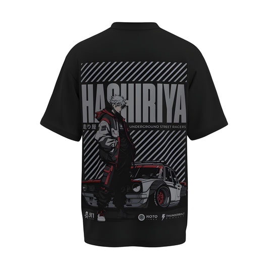 Back view of the premium oversized black t-shirt from Kashiba U with car design inspired by Animated Racer Boy printed at the back of the t-shirt. Shop trendy car t-shirt from the website of Kashiba U online. Buy Now!