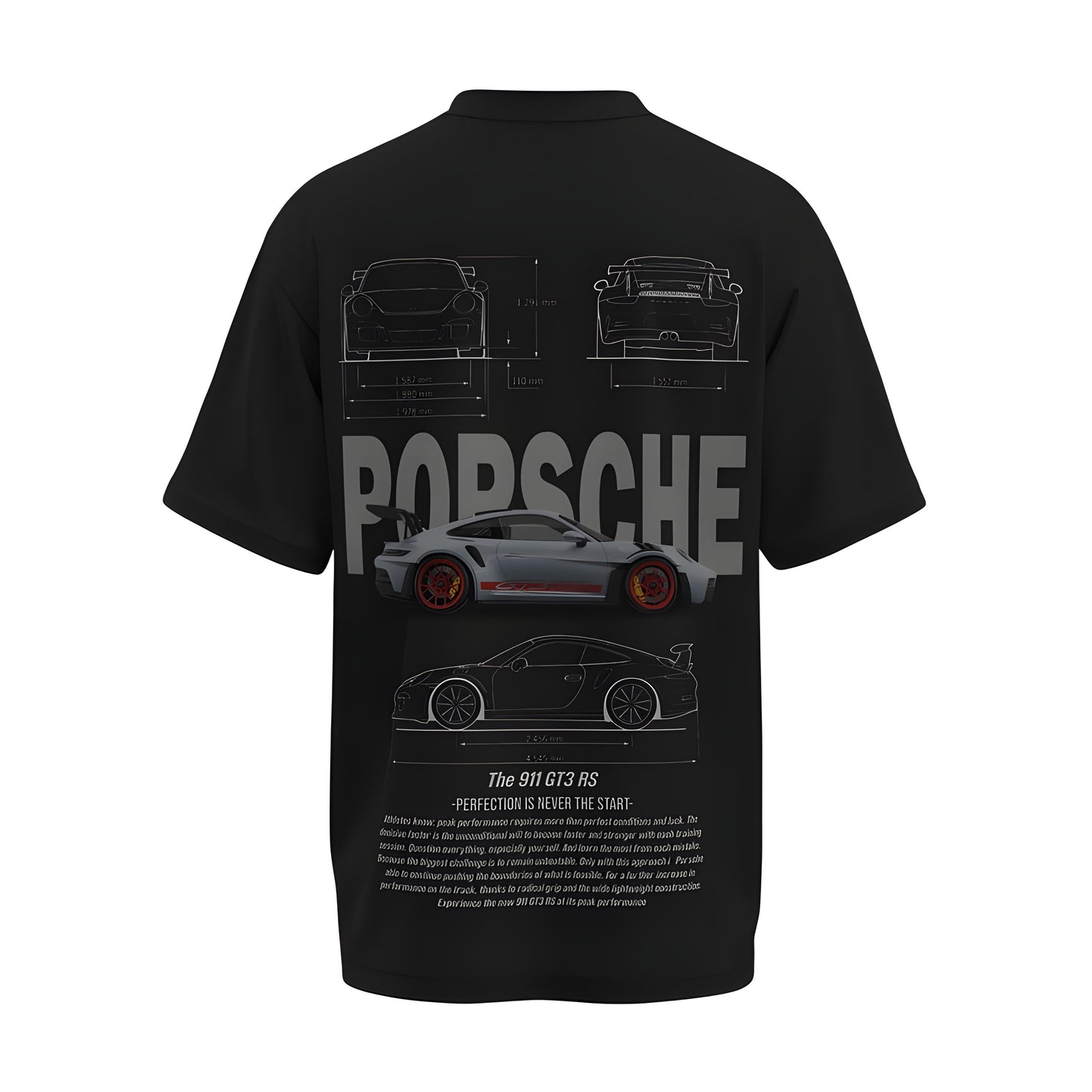 Back view of the premium oversized black t-shirt from Kashiba U with car design inspired by the Porsche with details printed at the back of the t-shirt. Shop trendy car t-shirt from the website of Kashiba U online. Buy Now!