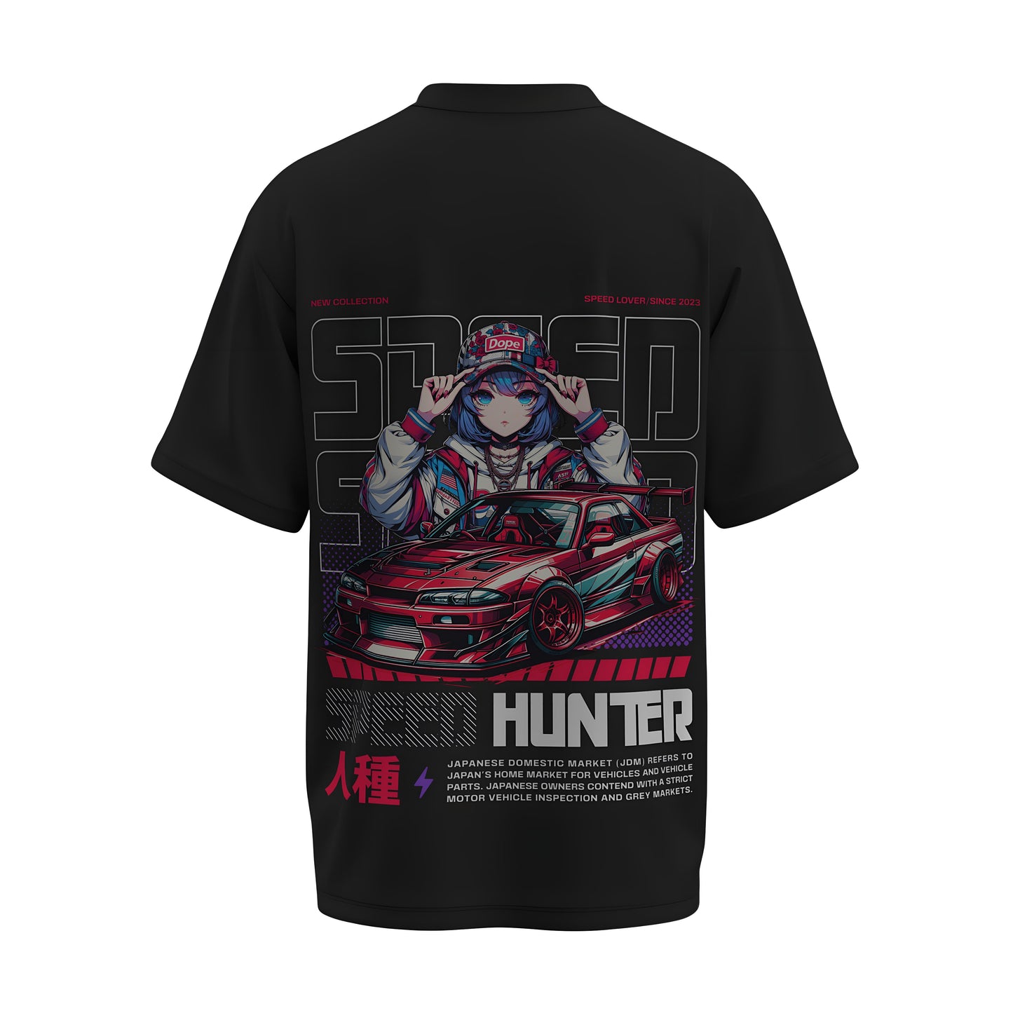 Back view of the premium oversized black t-shirt from Kashiba U with car design inspired by the Nissan GTR with Animated Racer Girl printed at the back of the t-shirt. Shop trendy car t-shirt from the website of Kashiba U online. Buy Now!