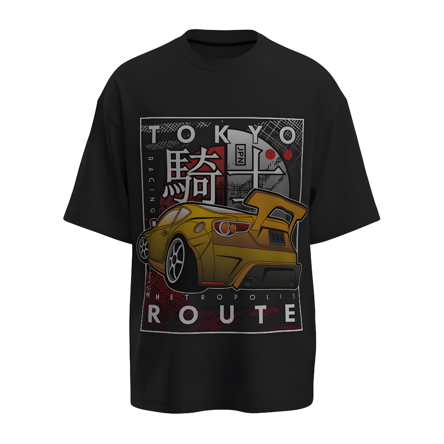 Front view of the premium oversized black t-shirt from Kashiba U with car design inspired by the Animated Car printed at the front of the t-shirt. Shop trendy car t-shirt from the website of Kashiba U online. Buy Now!