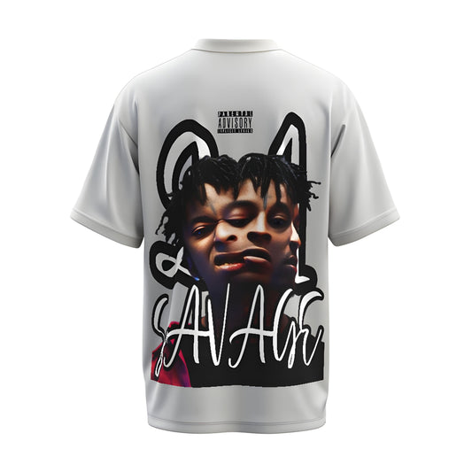 Back view of the premium oversized white t-shirt from Kashiba U with celebrity design inspired by the 21 Savage printed at the back of the t-shirt. Shop trendy merch perfect for every occasion for 21 Savage fans from Kashiba U online. Buy Now!