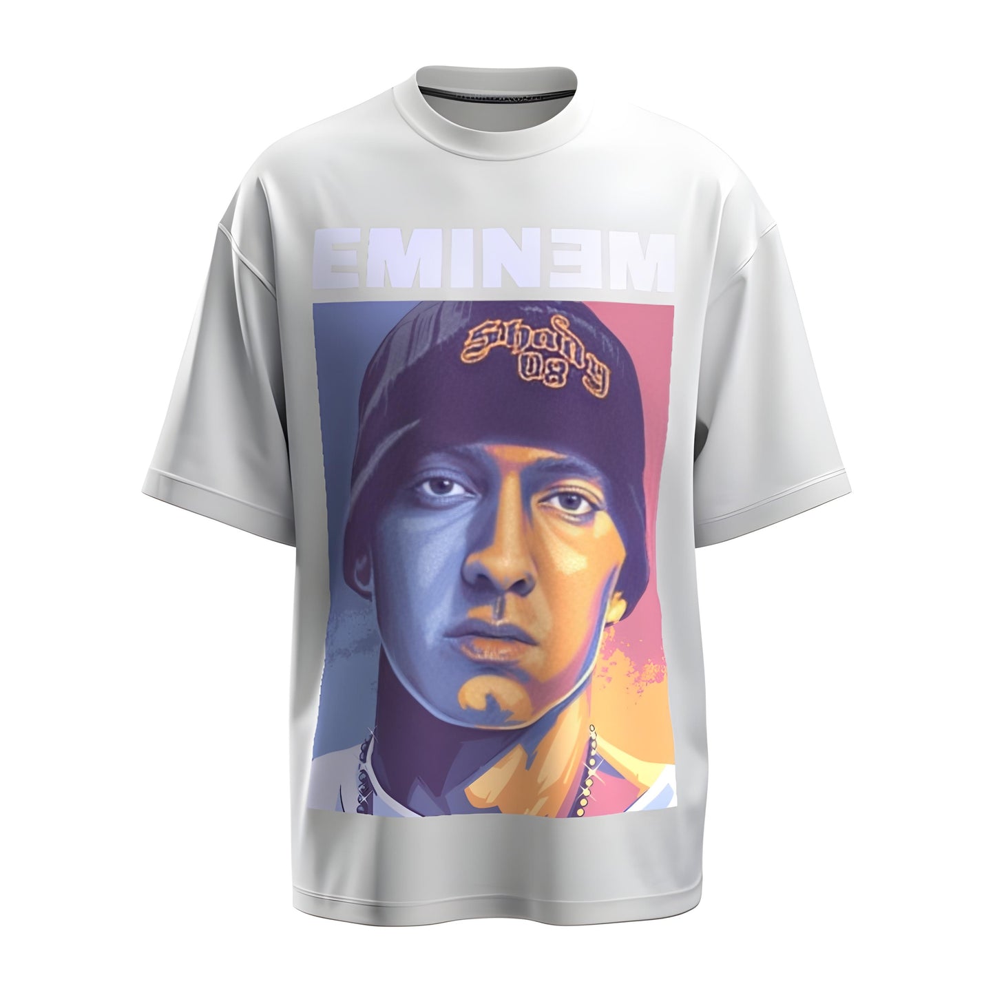 Front view of the premium oversized white t-shirt from Kashiba U with celebrity design inspired by Slim Shady printed at the front of the t-shirt. Shop trendy merch perfect for every occasion for Eminem fans from Kashiba U online. Buy Now!