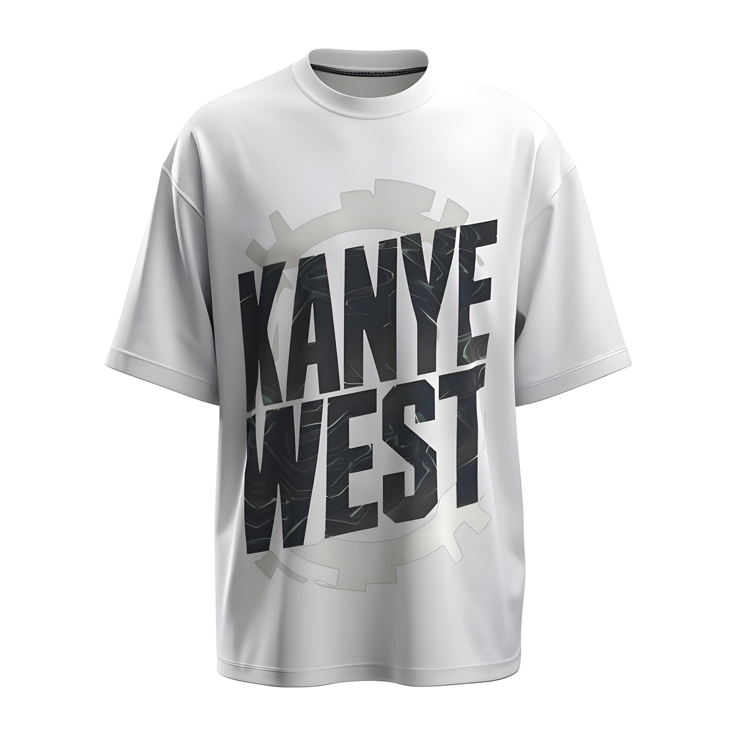 Front view of the premium oversized white t-shirt from Kashiba U with celebrity design inspired by the Kanye West printed at the front of the t-shirt. Shop trendy merch perfect for every occasion for Ye fans from Kashiba U online. Buy Now!