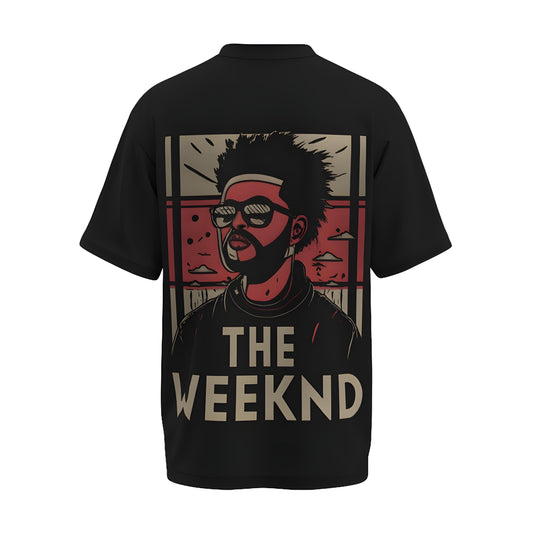 Back view of the premium oversized black t-shirt from Kashiba U with celebrity design inspired by the The Weeknd printed at the back of the t-shirt. Shop trendy merch perfect for every occasion for The Weeknd fans from Kashiba U online. Buy Now!