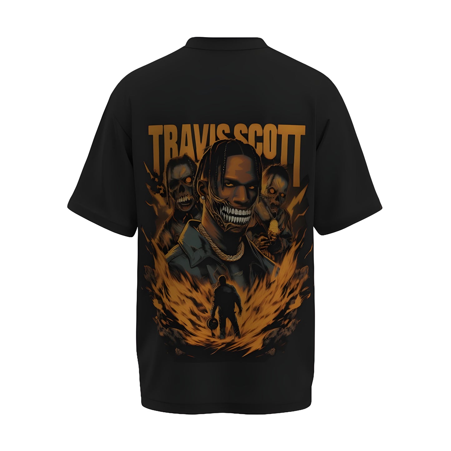 Back view of the premium oversized black t-shirt from Kashiba U with celebrity design inspired by the Travis Scott printed at the back of the t-shirt. Shop trendy merch perfect for every occasion for Travis Scott fans from Kashiba U online. Buy Now!