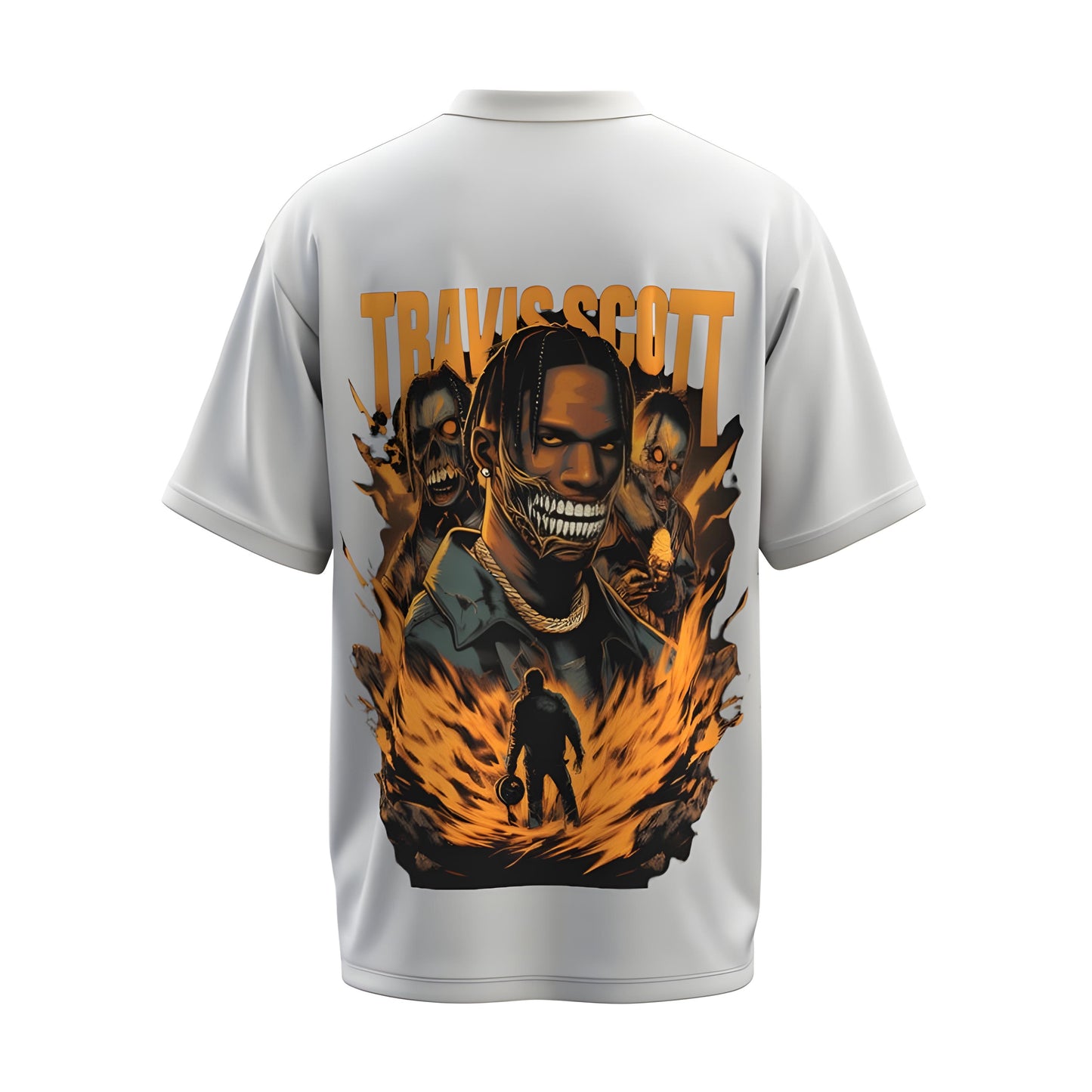Back view of the premium oversized white t-shirt from Kashiba U with celebrity design inspired by the Travis Scott printed at the back of the t-shirt. Shop trendy merch perfect for every occasion for Travis Scott fans from Kashiba U online. Buy Now!