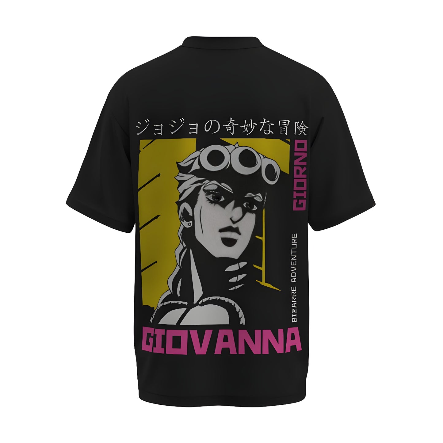 Back view of the premium oversized black t-shirt from Kashiba U with anime design inspired by the Giorno Giovanna from the anime called Jojo's Bizzare Adventure printed at the back of the t-shirt. Shop trendy anime merch from the website of Kashiba U online. Buy Now!