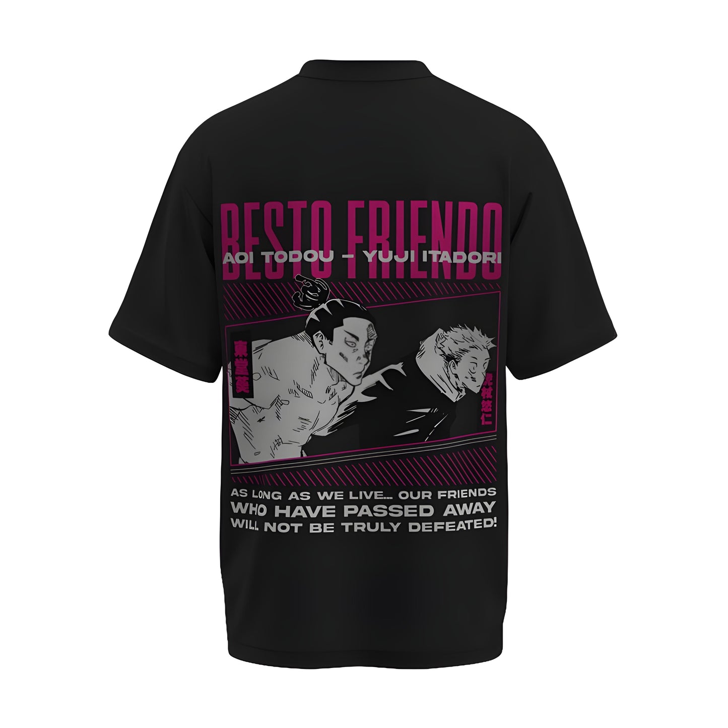 Back view of the premium oversized black t-shirt from Kashiba U with anime design inspired by the Itadori Yuji and Todo as Best Friends from the anime called Jujutsu Kaisen printed at the back of the t-shirt. Shop trendy anime merch from the website of Kashiba U online. Buy Now!