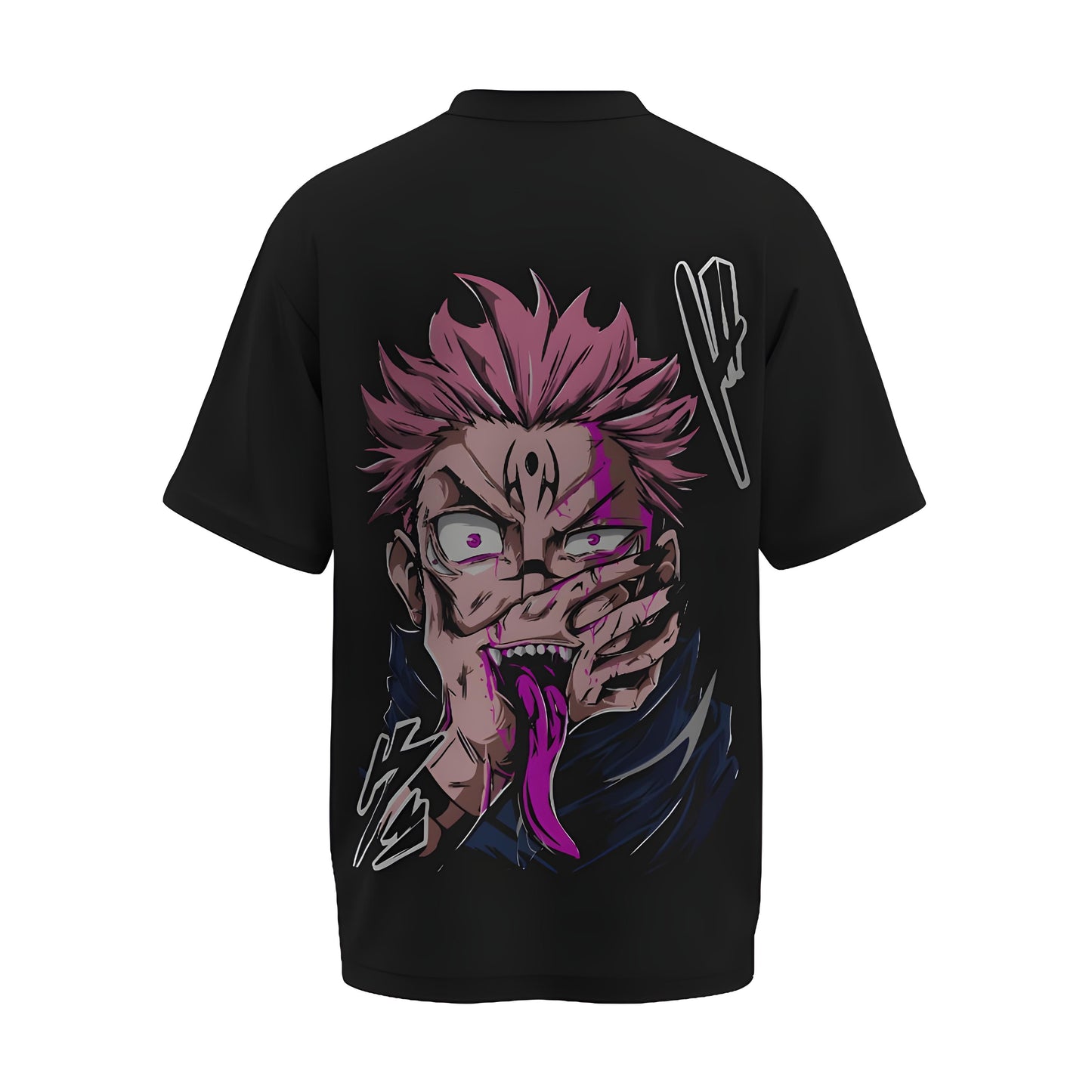 Back view of the premium oversized black t-shirt from Kashiba U with anime design inspired by the Sukuna and Itadori morphed from the anime Jujutsu Kaisen printed at the back of the t-shirt. Shop trendy anime merch from the website of Kashiba U online. Buy Now!