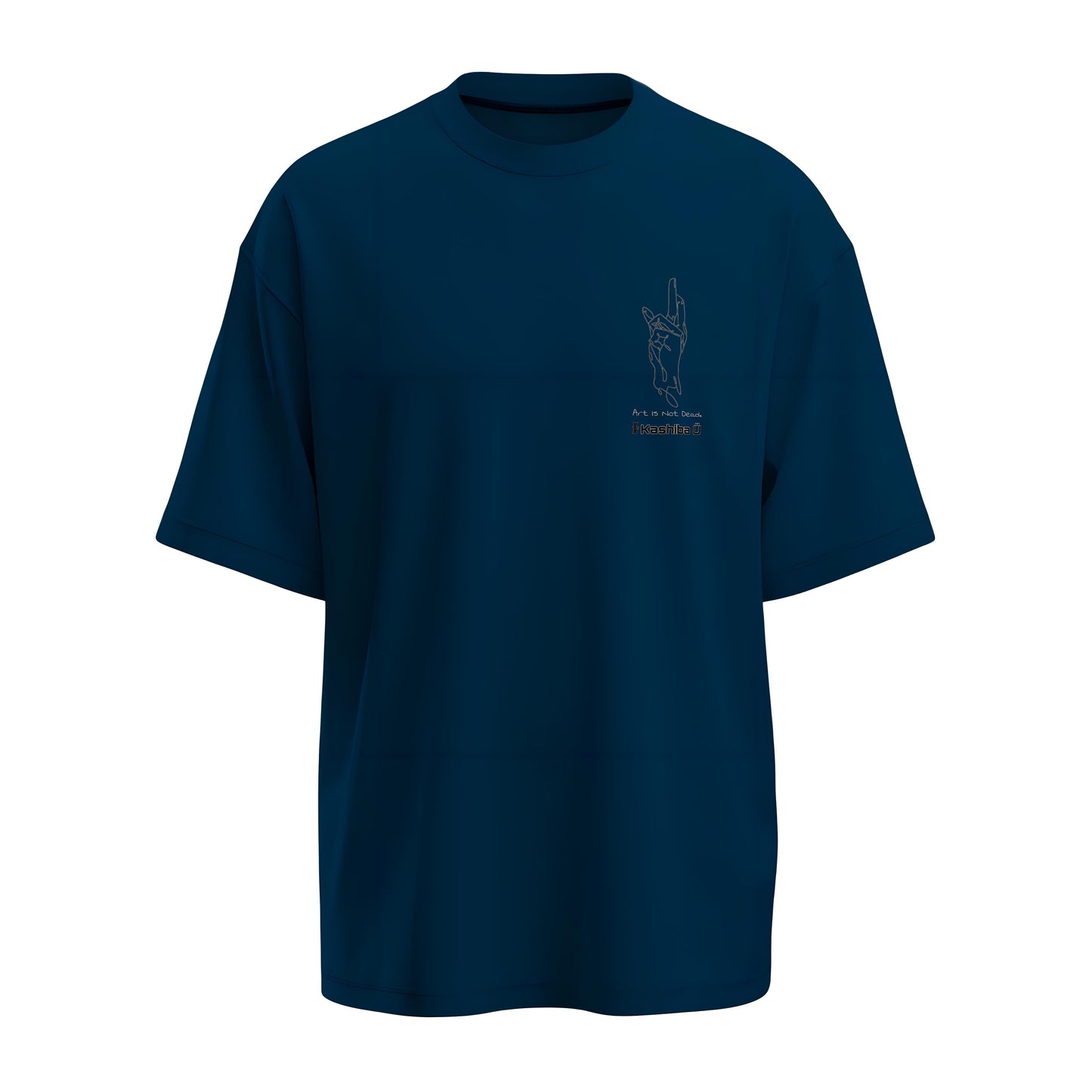 Front view of the premium oversized navy blue t-shirt from Kashiba U with anime design inspired by the Domain Expansion Symbol saying ART IS NOT Dead from the anime called Jujutsu Kaisen printed at the front of the t-shirt. Shop trendy anime merch from the website of Kashiba U online. Buy Now!