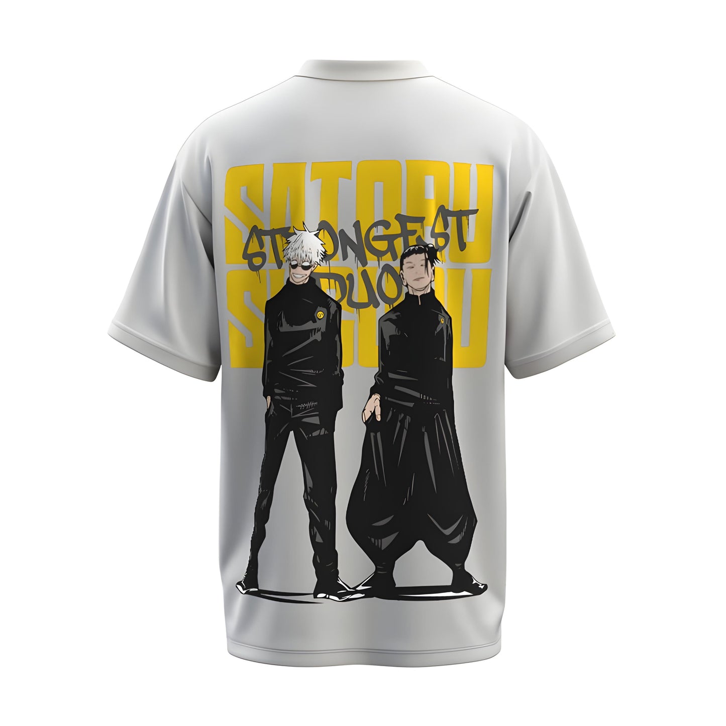 Back view of the premium oversized white t-shirt from Kashiba U with anime design inspired by the Strongest Duo in Anime Satoru Gojo and Geto Suguru from the anime called Jujutsu Kaisen printed at the back of the t-shirt. Shop trendy anime merch from the website of Kashiba U online. Buy Now!