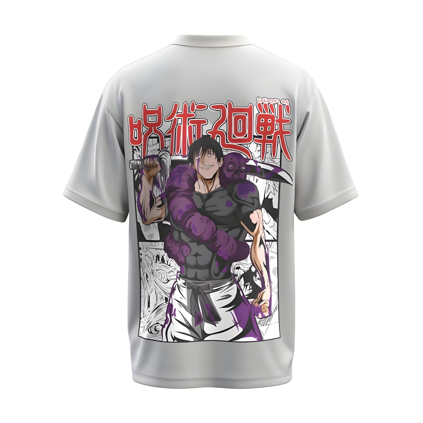 Back view of the premium oversized white t-shirt from Kashiba U with anime design inspired by the Toji Fushiguro from the anime called Jujutsu Kaisen printed at the back of the t-shirt. Shop trendy anime merch from the website of Kashiba U online. Buy Now!