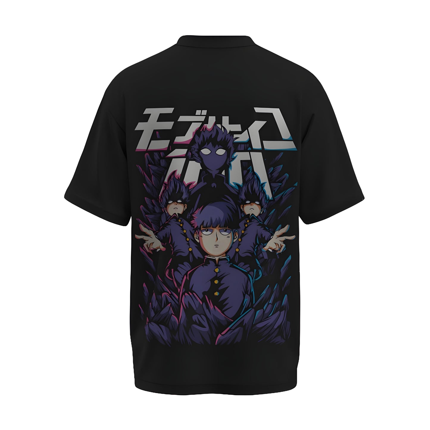 Back view of the premium oversized black t-shirt from Kashiba U with anime design inspired by Shigeo 100% Mode from the anime called Mob Psycho 100 printed at the back of the t-shirt. Shop trendy anime merch from the website of Kashiba U online. Buy Now!