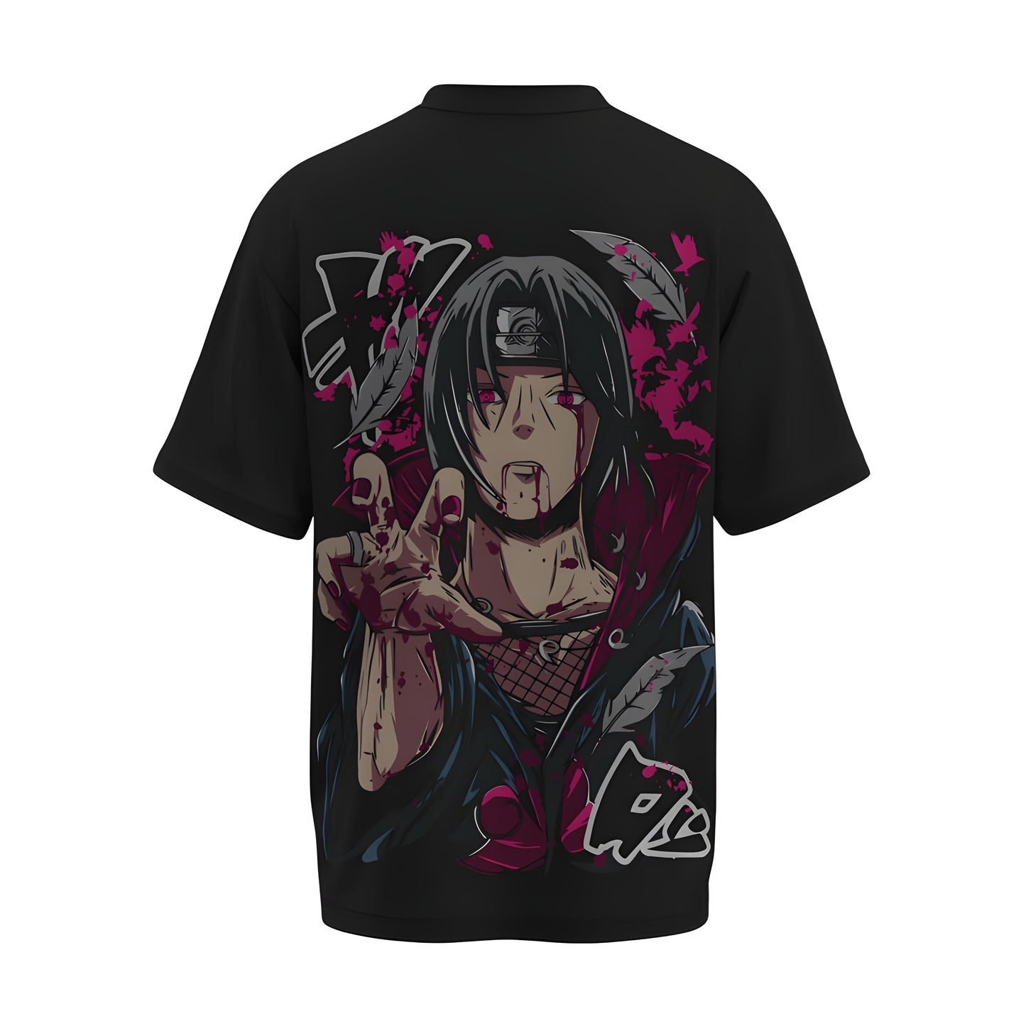 Back view of the premium oversized black t-shirt from Kashiba U with anime design inspired by Itachi Uchiha from the anime Naruto printed at the back of the t-shirt. Shop trendy anime merch from the website of Kashiba U online. Buy Now!
