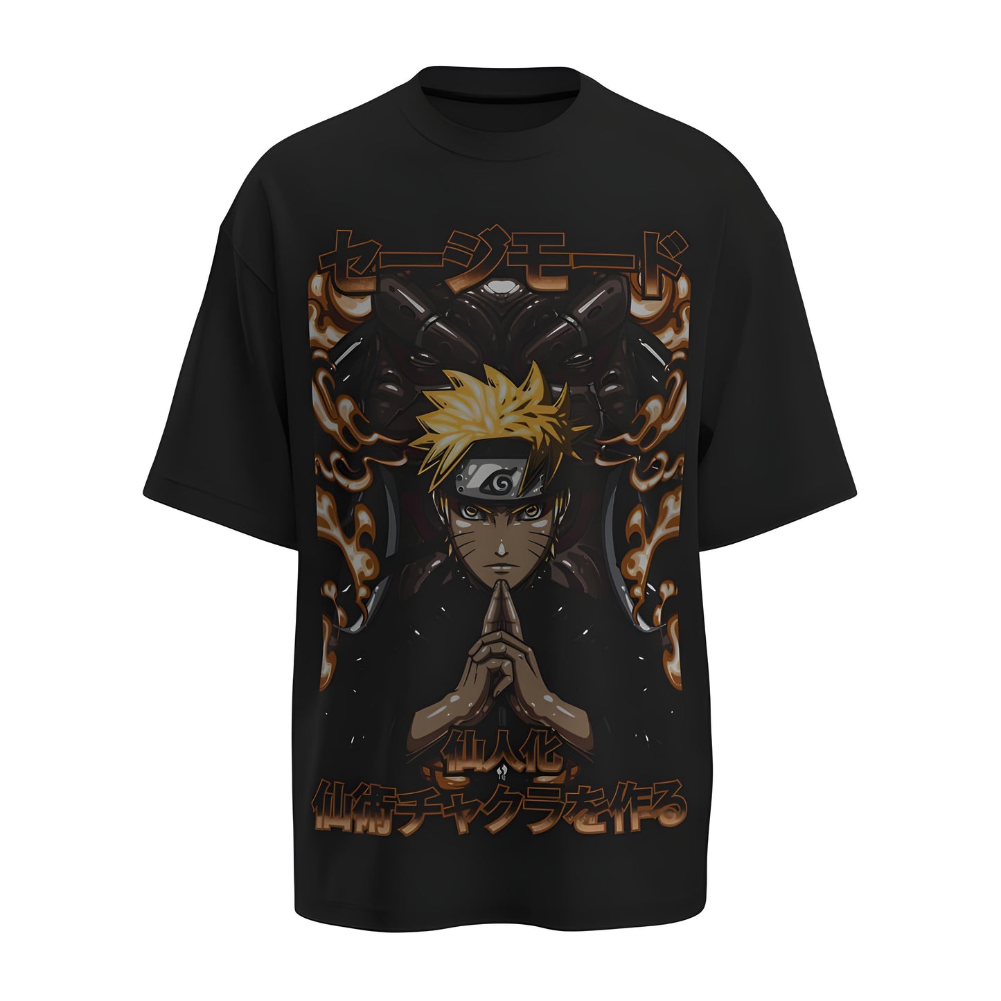 Front view of the premium oversized black t-shirt from Kashiba U with anime design inspired by Naruto in Sage Mode from the anime Naruto Shippuden printed at the front of the t-shirt. Shop trendy anime merch from the website of Kashiba U online. Buy Now!