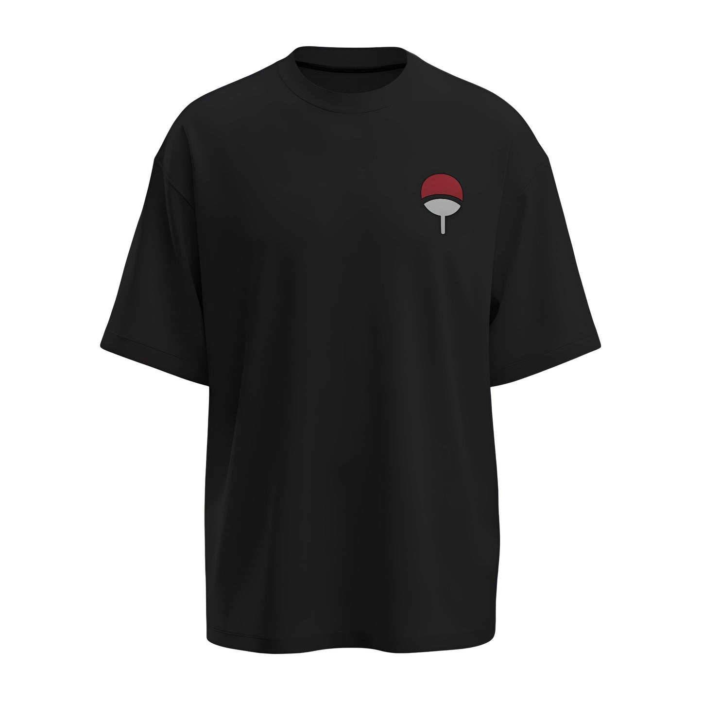 Front view of the premium oversized black t-shirt from Kashiba U with anime design inspired by Uchiha Logo from the anime Naruto Shippuden printed at the back of the t-shirt. Shop trendy anime merch from the website of Kashiba U online. Buy Now!