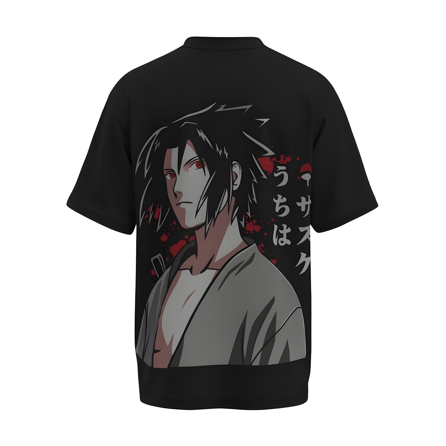 Back view of the premium oversized black t-shirt from Kashiba U with anime design inspired by Sasuke Uchiha from the anime Naruto Shippuden printed at the back of the t-shirt. Shop trendy anime merch from the website of Kashiba U online. Buy Now!