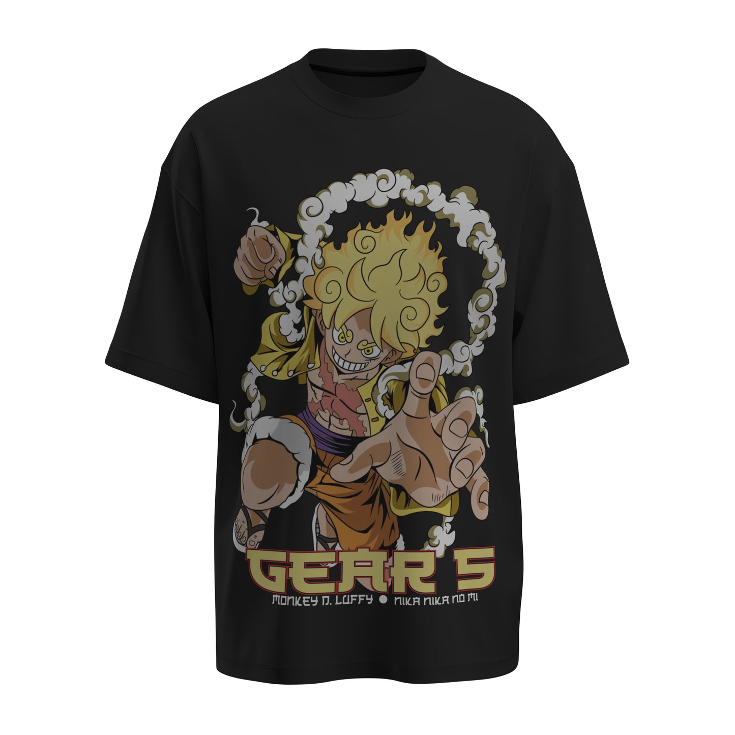Front view of the premium oversized black t-shirt from Kashiba U with anime design inspired by Monkey D. Luffy in Gear 5 form from the anime called One Piece printed at the front of the t-shirt. Shop trendy anime merch from the website of Kashiba U online. Buy Now!