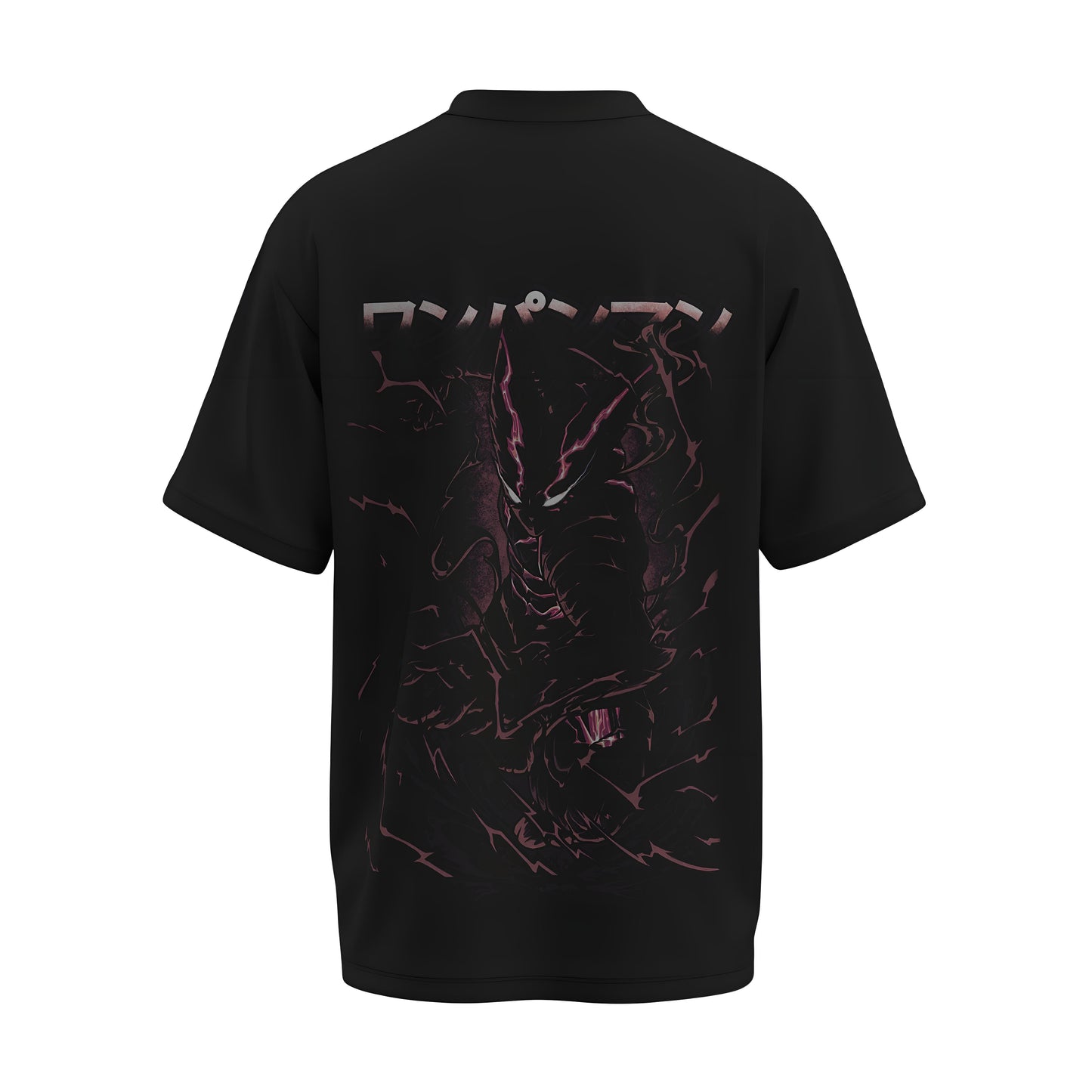 Back view of the premium oversized black t-shirt from Kashiba U with anime design inspired by Garou from the anime One Punch Man printed at the back of the t-shirt. Shop trendy anime merch from the website of Kashiba U online. Buy Now!