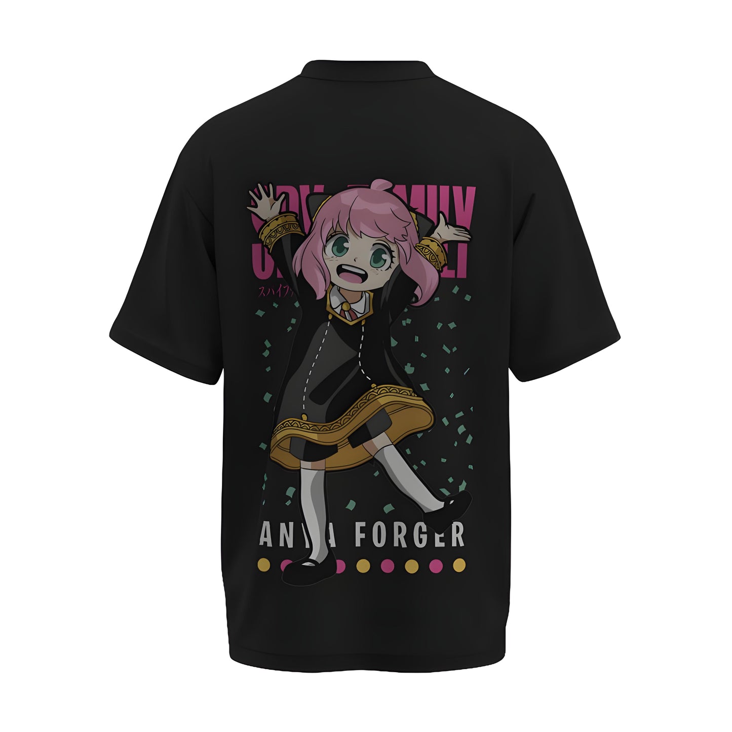 Back view of the premium oversized black t-shirt from Kashiba U with anime design inspired by Anya Forger from the anime Spy x Family printed at the back of the t-shirt. Shop trendy anime merch from the website of Kashiba U online. Buy Now!