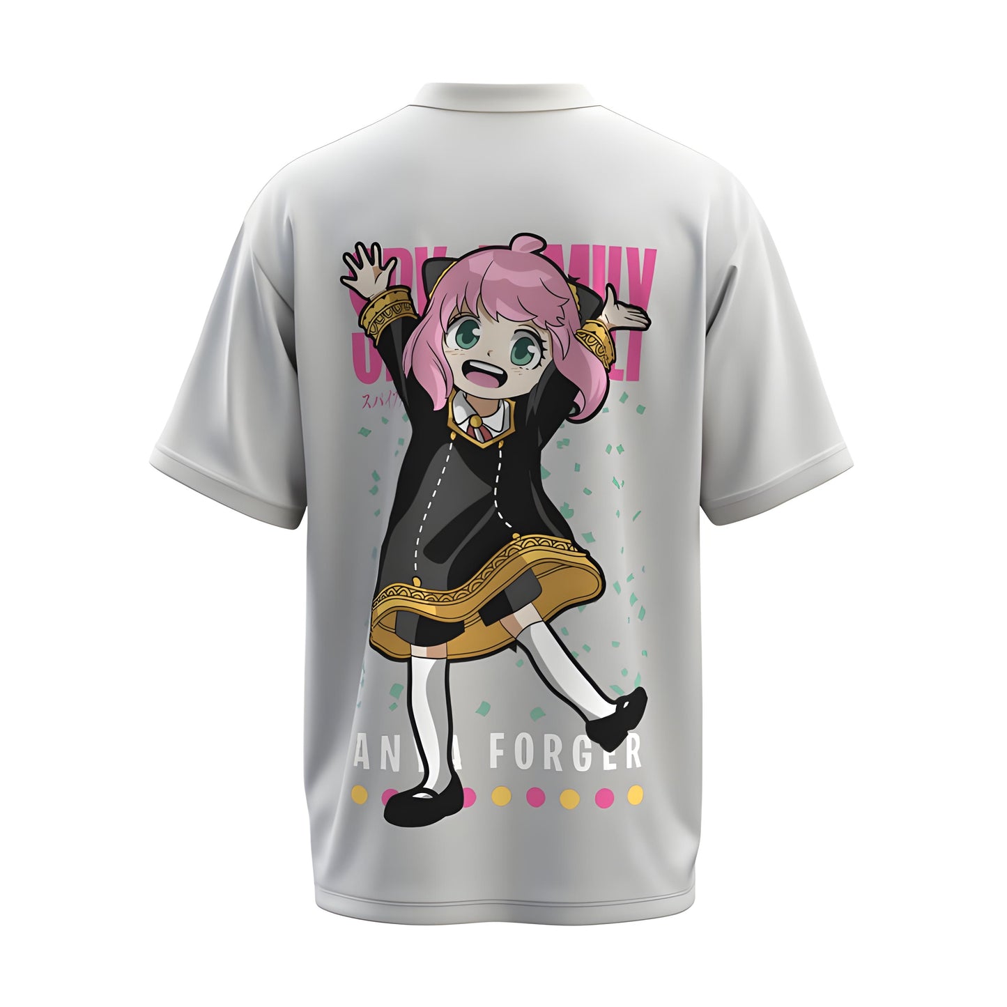 Back view of the premium oversized white t-shirt from Kashiba U with anime design inspired by Anya Forger from the anime Spy x Family printed at the back of the t-shirt. Shop trendy anime merch from the website of Kashiba U online. Buy Now!