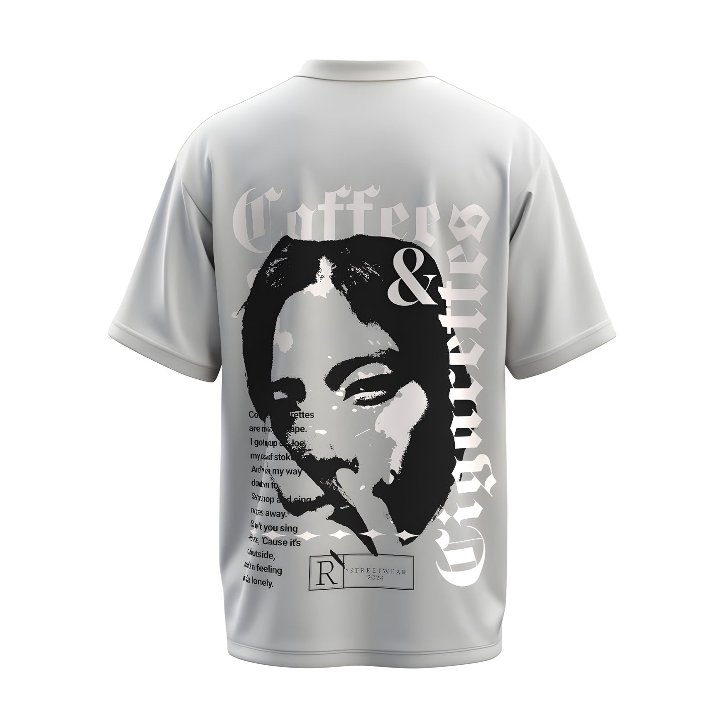 Back view of the premium oversized white t-shirt titled “Coffee and Cigarette” from Kashiba U with cool graphic design inspired by street art printed at the back of the t-shirt. Shop trendy streetwear graphic tee from the website of Kashiba U online. Buy Now!