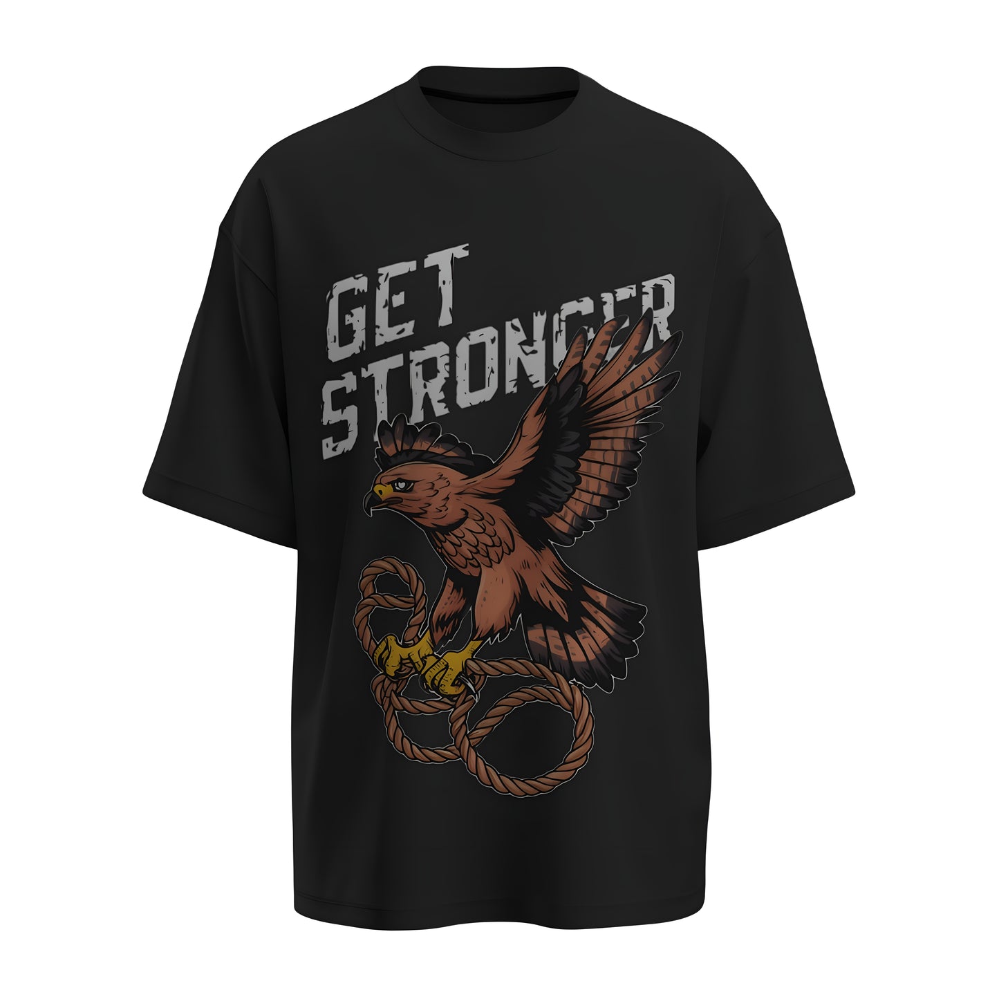 Front view of the premium oversized black t-shirt from Kashiba U with design inspired by the Eagle Gym printed at the front of the t-shirt with uplifting design perfect for gymrats for any workout. Shop trendy clothing from the website of Kashiba U online. Buy Now!