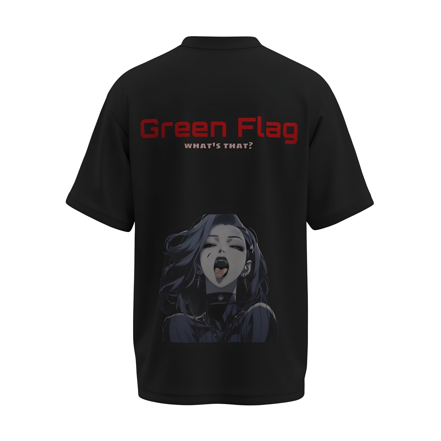 Back view of the premium oversized black t-shirt titled “Green Flag” from Kashiba U with cool graphic design inspired by street art printed at the back of the t-shirt. Shop trendy streetwear graphic tee from the website of Kashiba U online. Buy Now!